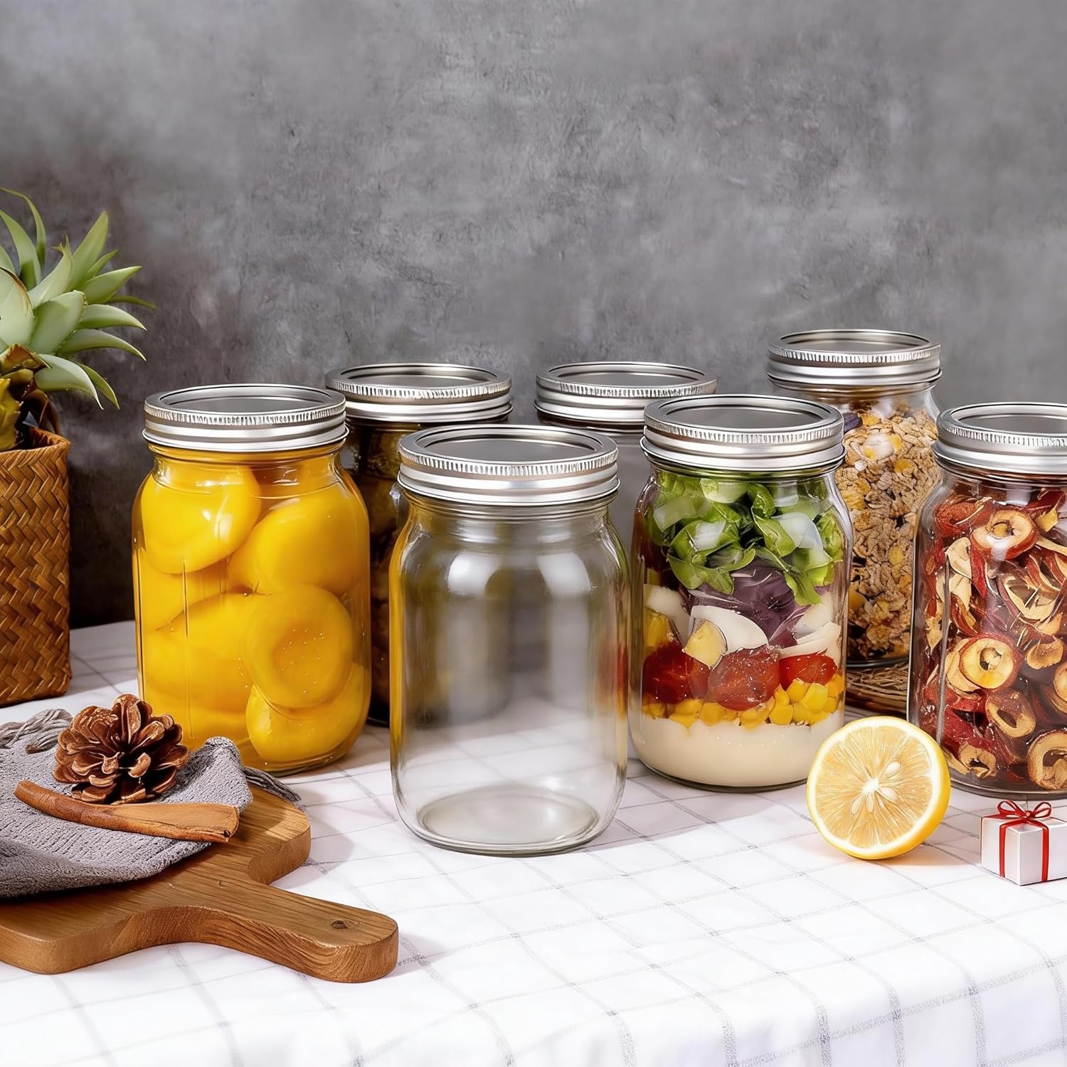 WELLIFE Wide Mouth Mason Jars, 6 Pack Mason Jars 32 oz for Pickling, Canning, Fermenting and Food Storage, Microwave & Dishwasher Safe