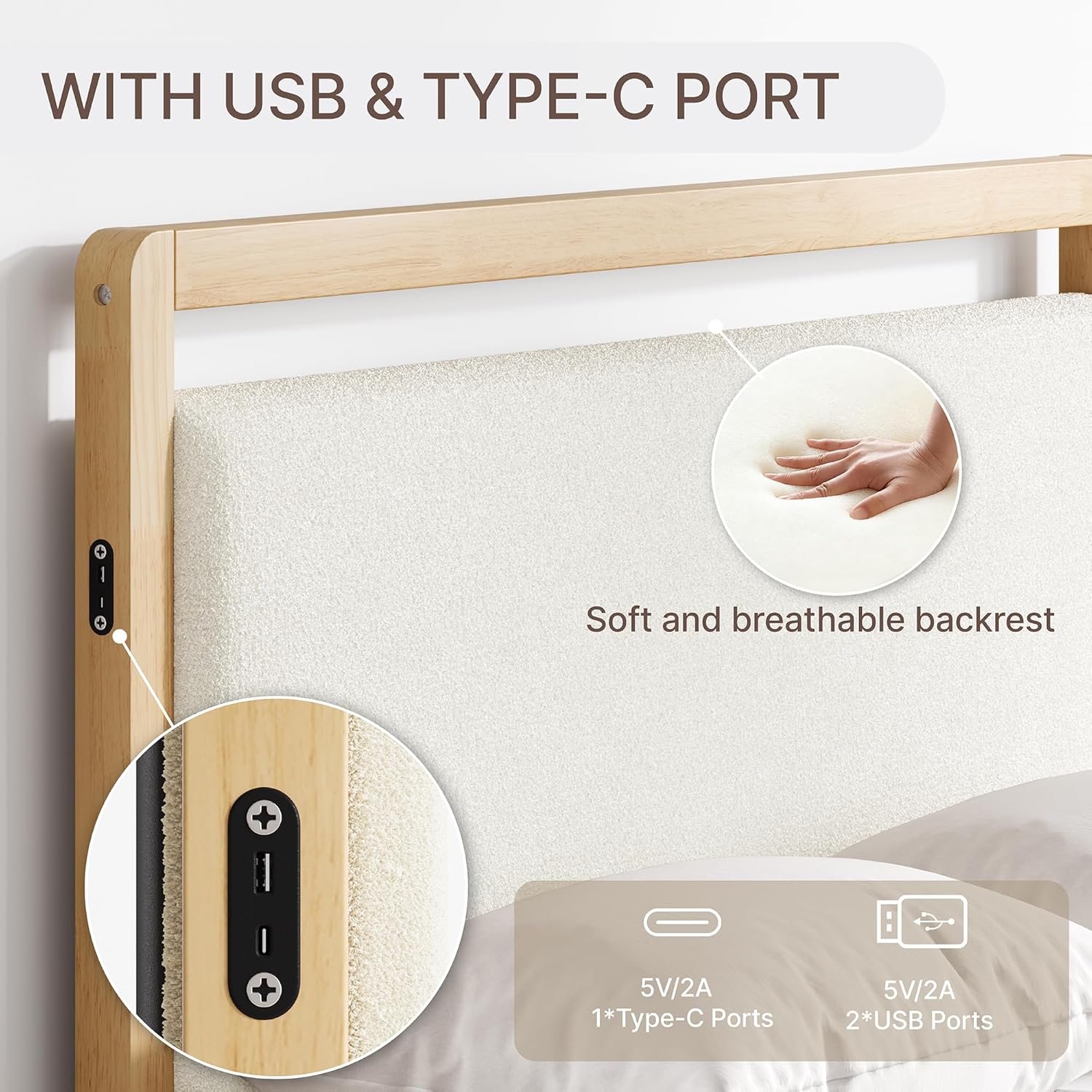 KISLOT Wood Bed Frame with Headboard and Footboard, Mattress Foundation with USB Charging Strong Wooden Slat Support Noise-Free Easy Assembly No Box Spring Needed