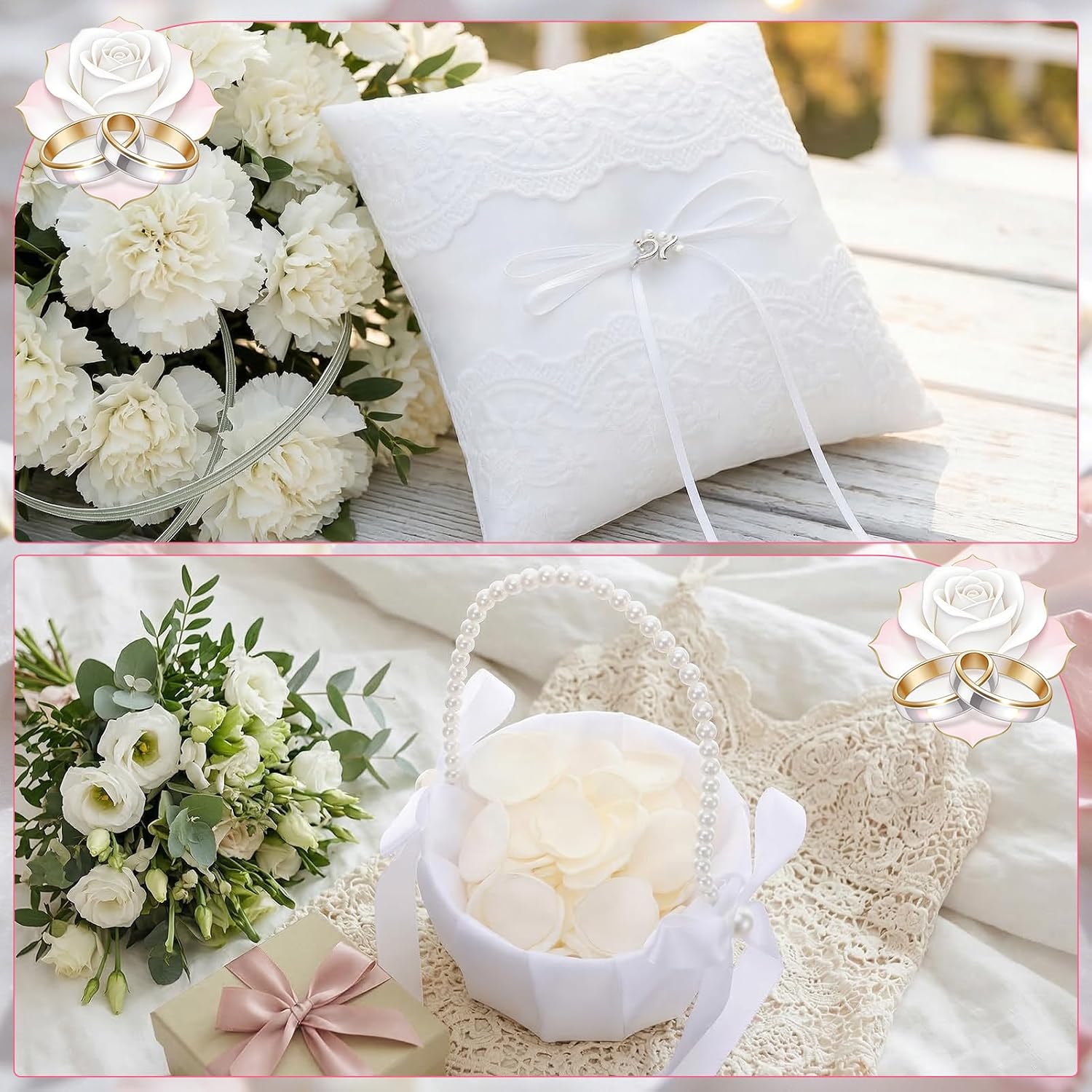 Wedding Flower Girl Basket and Ring Bearer Pillow Set with Two Hundred Ivory Rose Petals, Satin Wedding Ceremony Accessories for Flower Girl and Ring Bearer