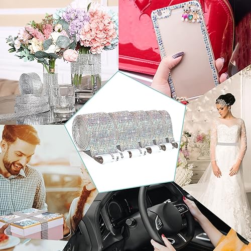 Miniatura 7 de 5 Rolls Self Adhesive Crystal Rhinestone Diamond Roll Ribbon Bling Gemstone Strips Sticker Rhinestone for Craft with 2 mm Rhinestone 4.5 Yards