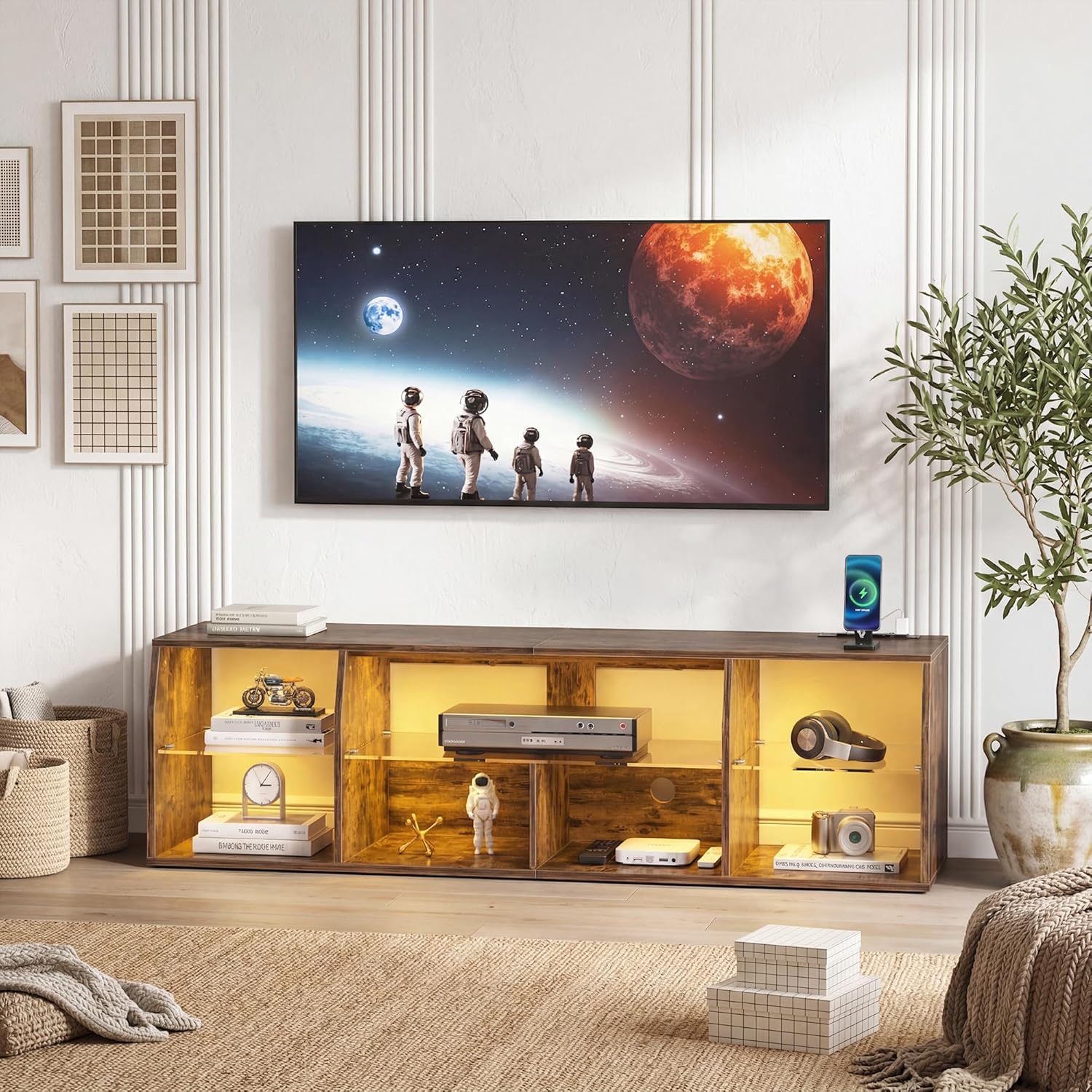 VECELO LED TV Stand for 55 inch, Entertainment Center with Power Outlets, Industrial Television Cabinet for Living Room and Bedroom, Grey