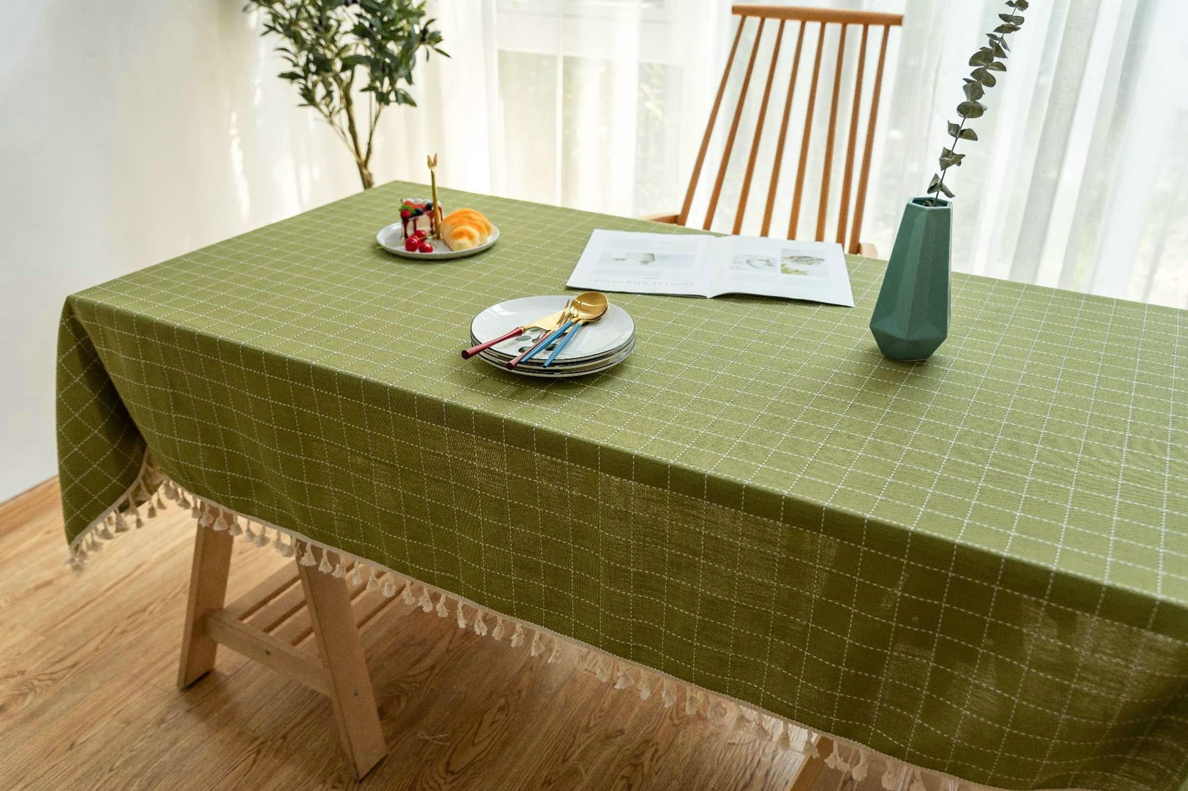 Gualiy Mantel Algodon Lino Rectangular, Manteles Mesa Cocina 140x200CM Mantel Mesa Cuadrada Antimanchas Bordado Plaid con Borlas Mantel para Mesa de Comedor, Verde