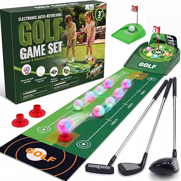 Set de entrenamiento de golf 2 en 1 para niños, pelotas LED para interior y exterior, edades 3-12 | Set de golf 2 en 1 para niños: retorno automático de pelota, putting de 3 niveles, 10 pelotas LED brillantes, juguete seguro CPC para interior y exterior, edades 3-12.