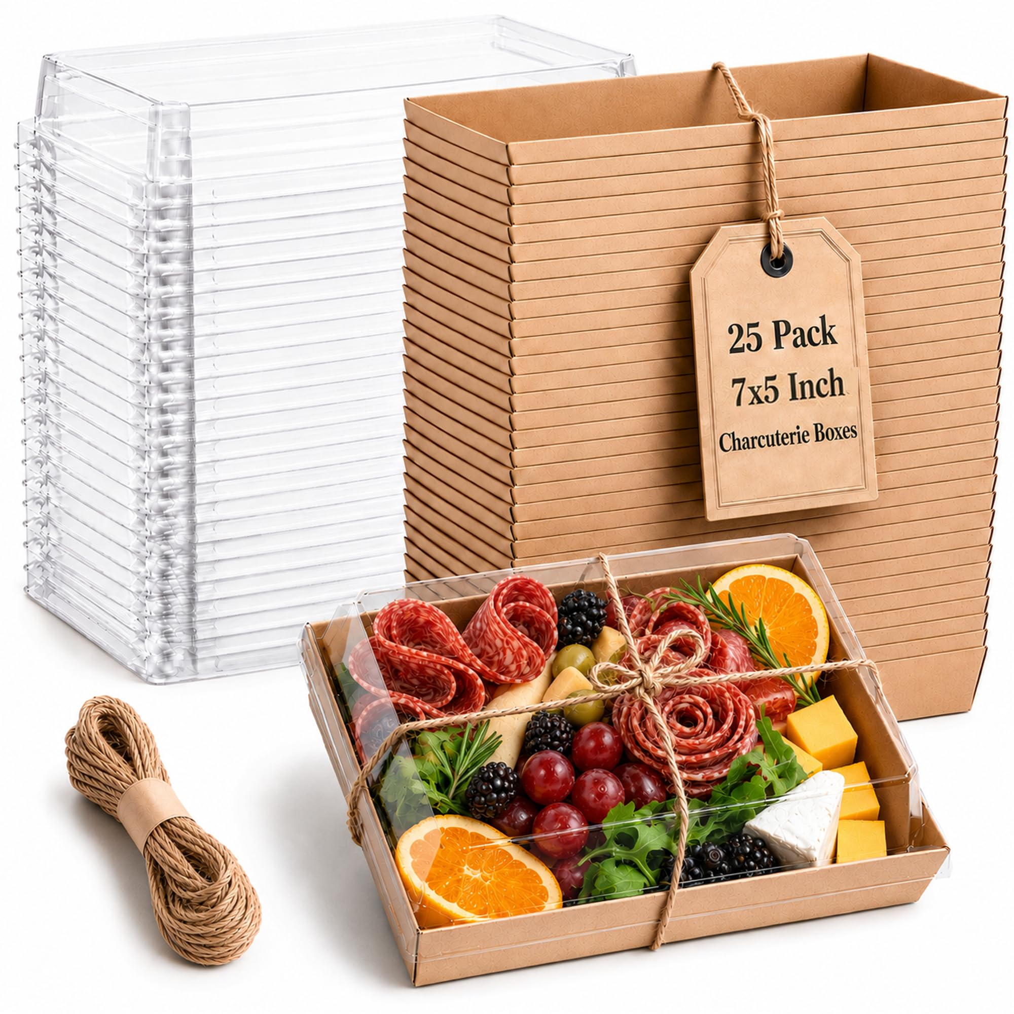 25 Pack 7x5in Charcuterie Board Boxes with Clear Lids, Paper Containers
