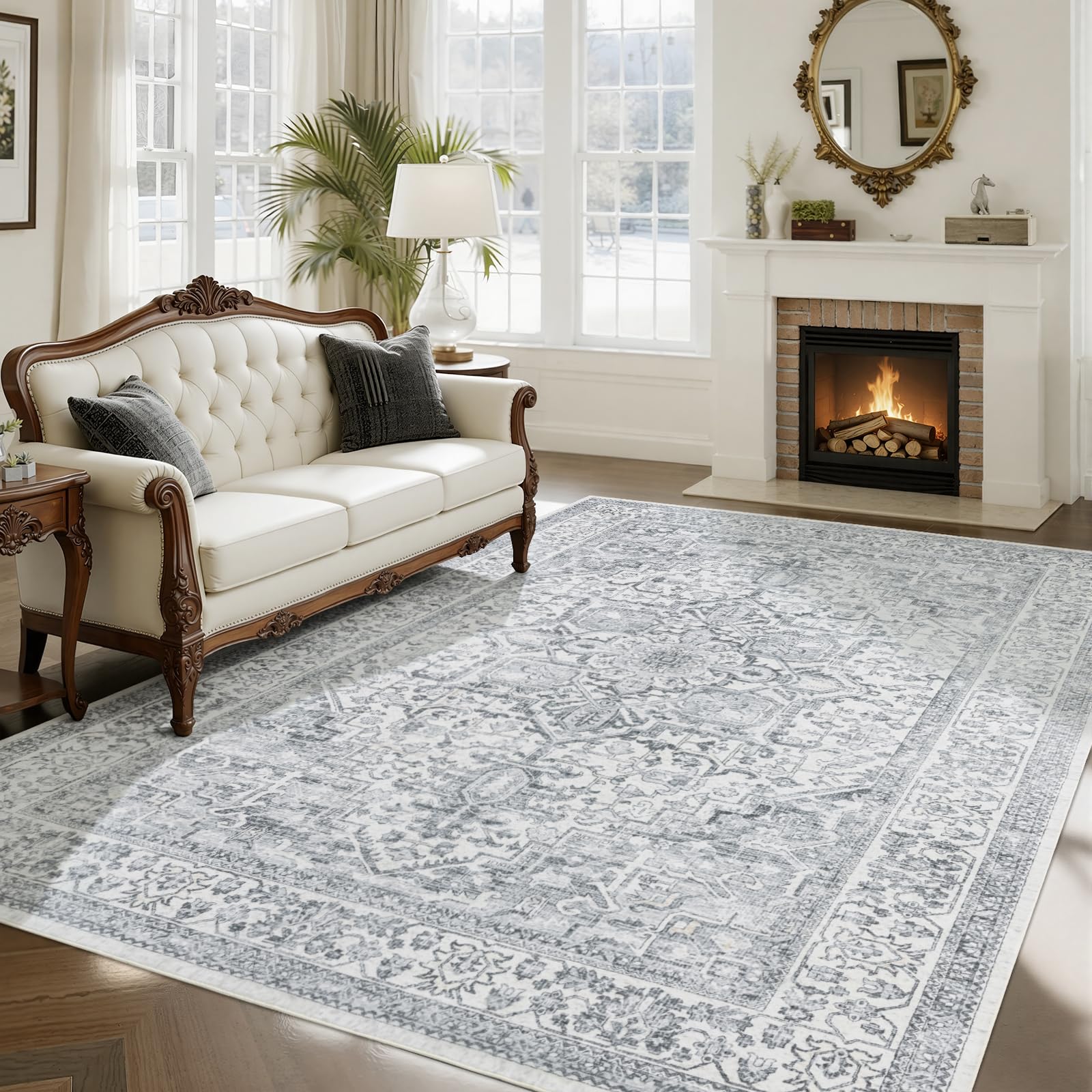 UKISS Washable Area Rugs，8'x10' Ultra-Soft Faux Silk Vintage Rug, Large Low-Pile Rugs for Living Room ， Non-Slip & Non-Shedding Large Carpets for Home/Office Decor Blue