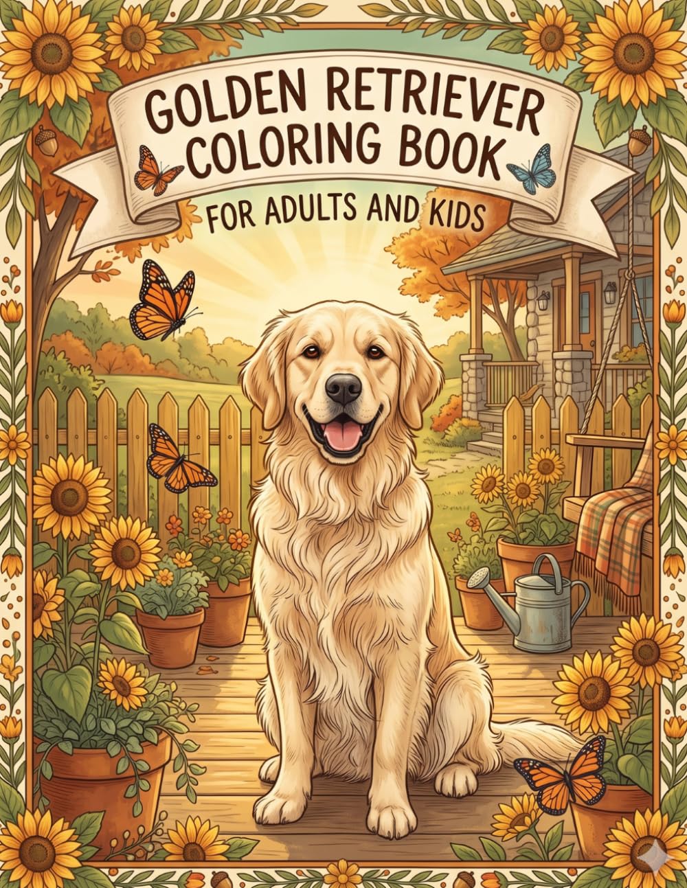 Golden Retriever Coloring Book for Kids and Adults: Stress Relief Coloring Pages, Perfect Gift for Golden Retriever Lovers - 50 Adorable Dog & Puppy Illustrations
