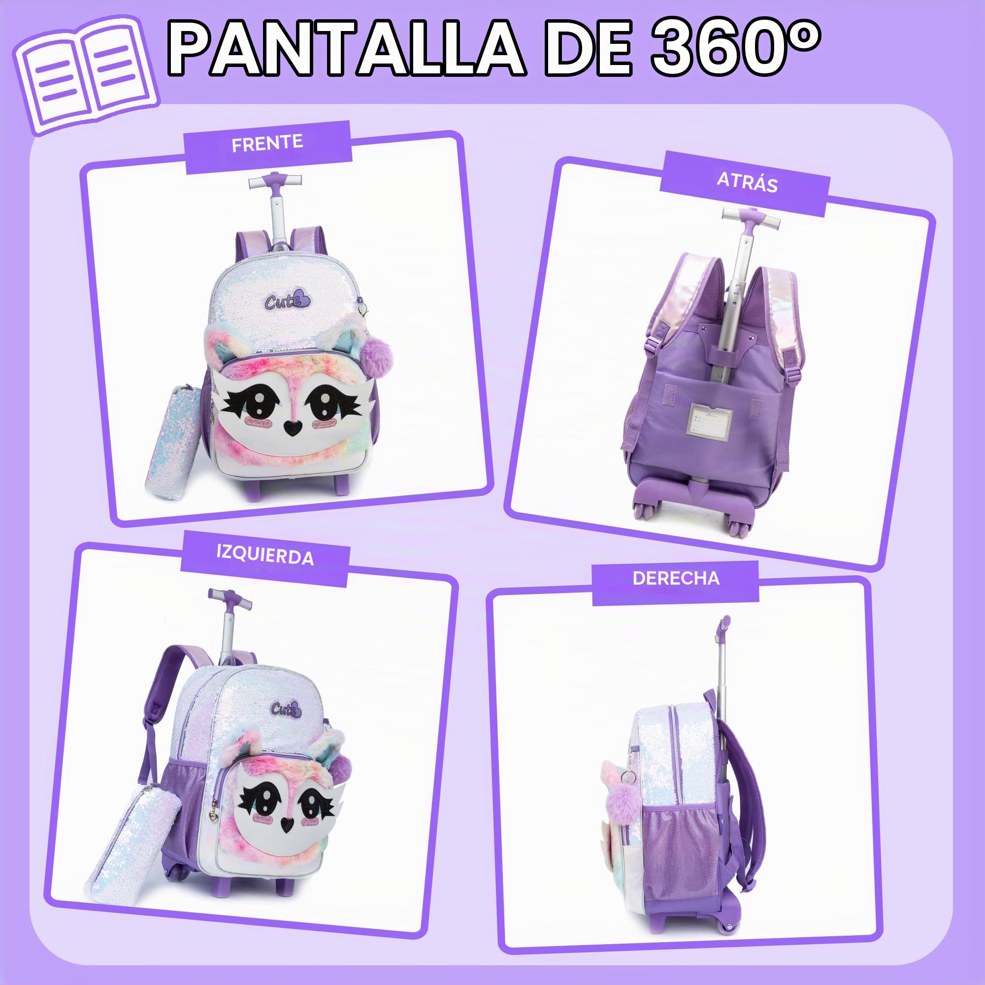 HTgroce 3 in 1 Mochila Escolar Con Ruedas Trolley Escolar para Niñas para la Escuela Primaria,Regalo de la Escuela de Niña.