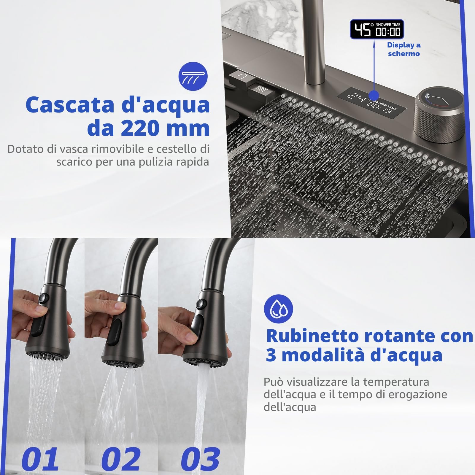 lavello cucina 85x50 da cascata nero, lavello da cucina con Può visualizzare la temperatura dell'acqua, lavello domestico set, lavandino del bar multifunzionale