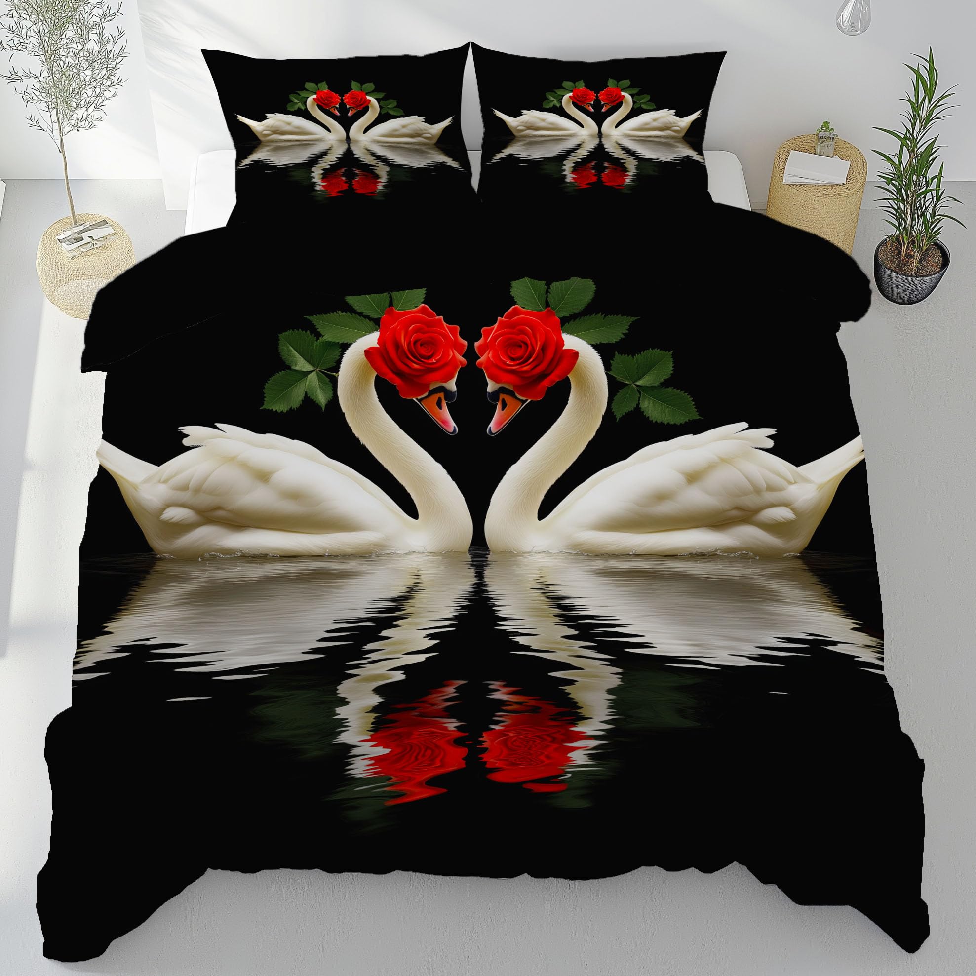 Schwan Pärchen Bettwäsche 220x240 3 Teilig, Rose Valentinstag Dekor | Wendebettwäsche, Modern Romantisch Bettbezug Bügelfrei, Trösterbezug mit Reißverschluss und 2 Kissenbezug