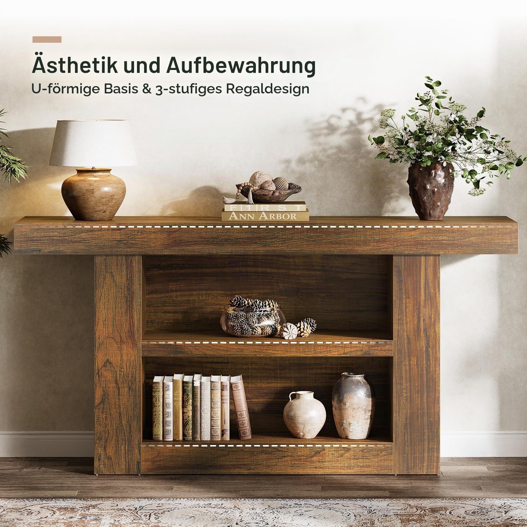 Tribesigns Konsolentisch, 160 cm, Beistelltisch, Flurtisch mit für Eingang, Schmaler Sofatisch mit 3 Etagen aus Holz hinter der Couch, für Eingang, Flur, Wohnzimmer, Braun