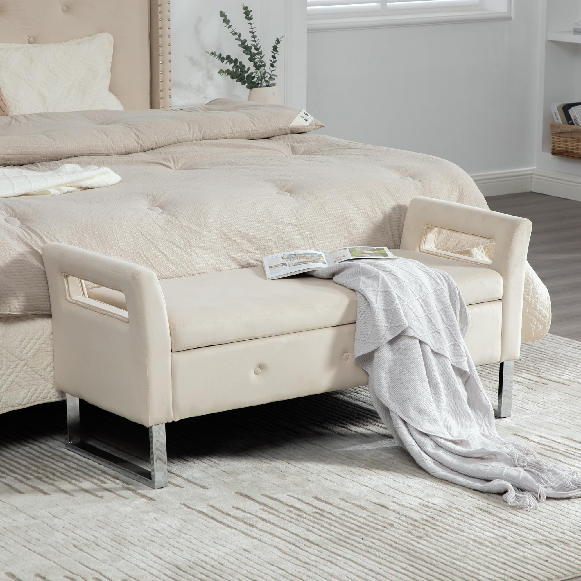 Banco con espacio de almacenamiento, taburete acolchado de terciopelo, con reposabrazos para salón, entrada y dormitorio (beige)