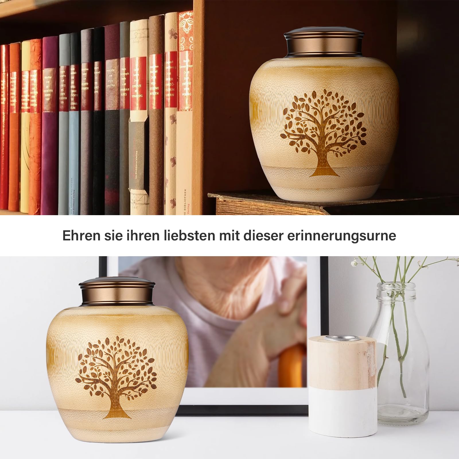 Piccole urne per cenere umana o animale domestico in bambù,Piccole urne souvenir con albero della vita incisa,Piccola urna funerale per cenere umana