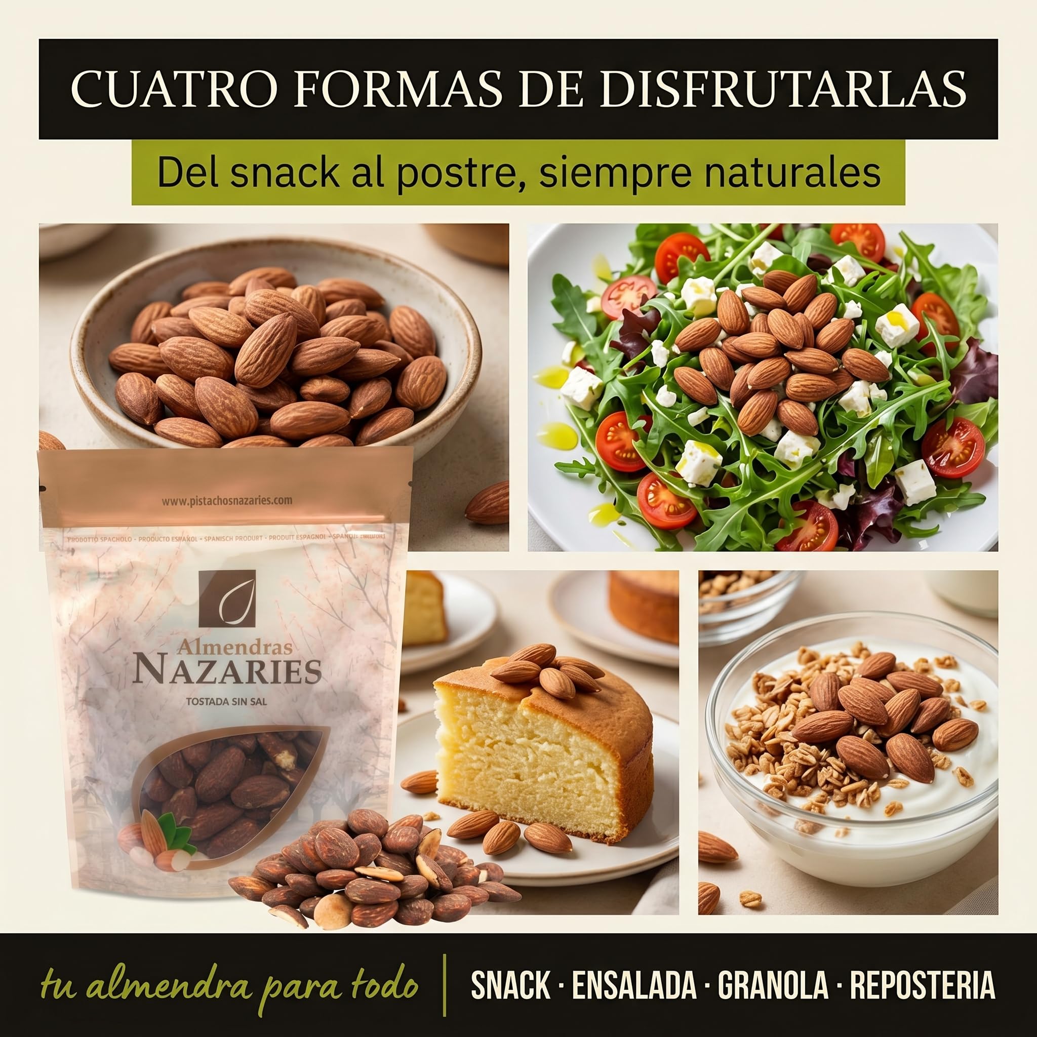 ALMENDRAS NAZARIES Almendras Tostadas sin Sal con Piel Naturales 6 x 150 g Españolas variedad Belona 900 g Cultivo Propio en Andalucia 100% Almendra Fruto Seco Sin Gluten Snack Saludable Para Picar