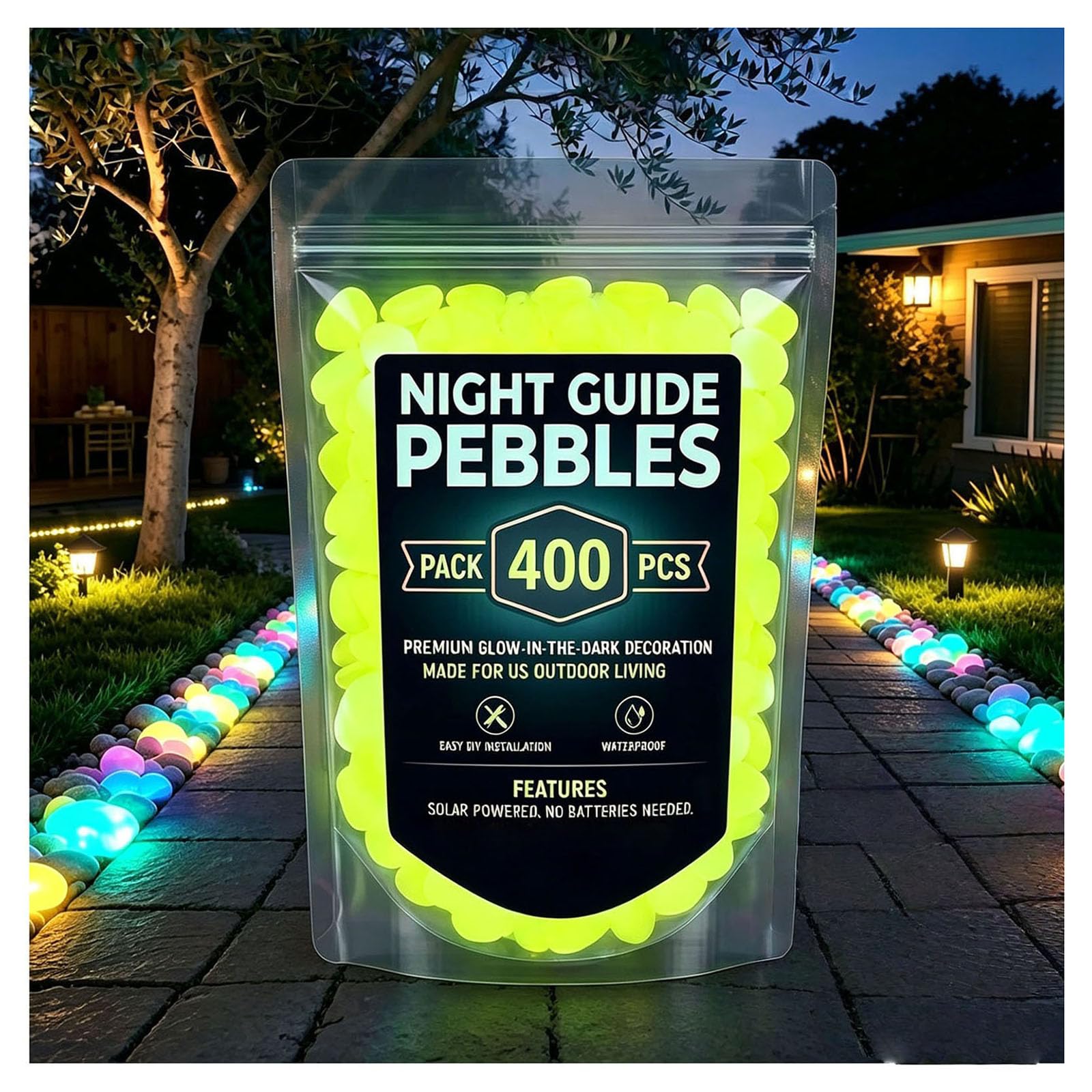 Glow in the Dark Pebbles Outdoor Luminous Glow Stones for Garden Pathways, Glowing Rocks for Yard, Aquarium, Planter & DIY Decor (Yellow,400pcs)