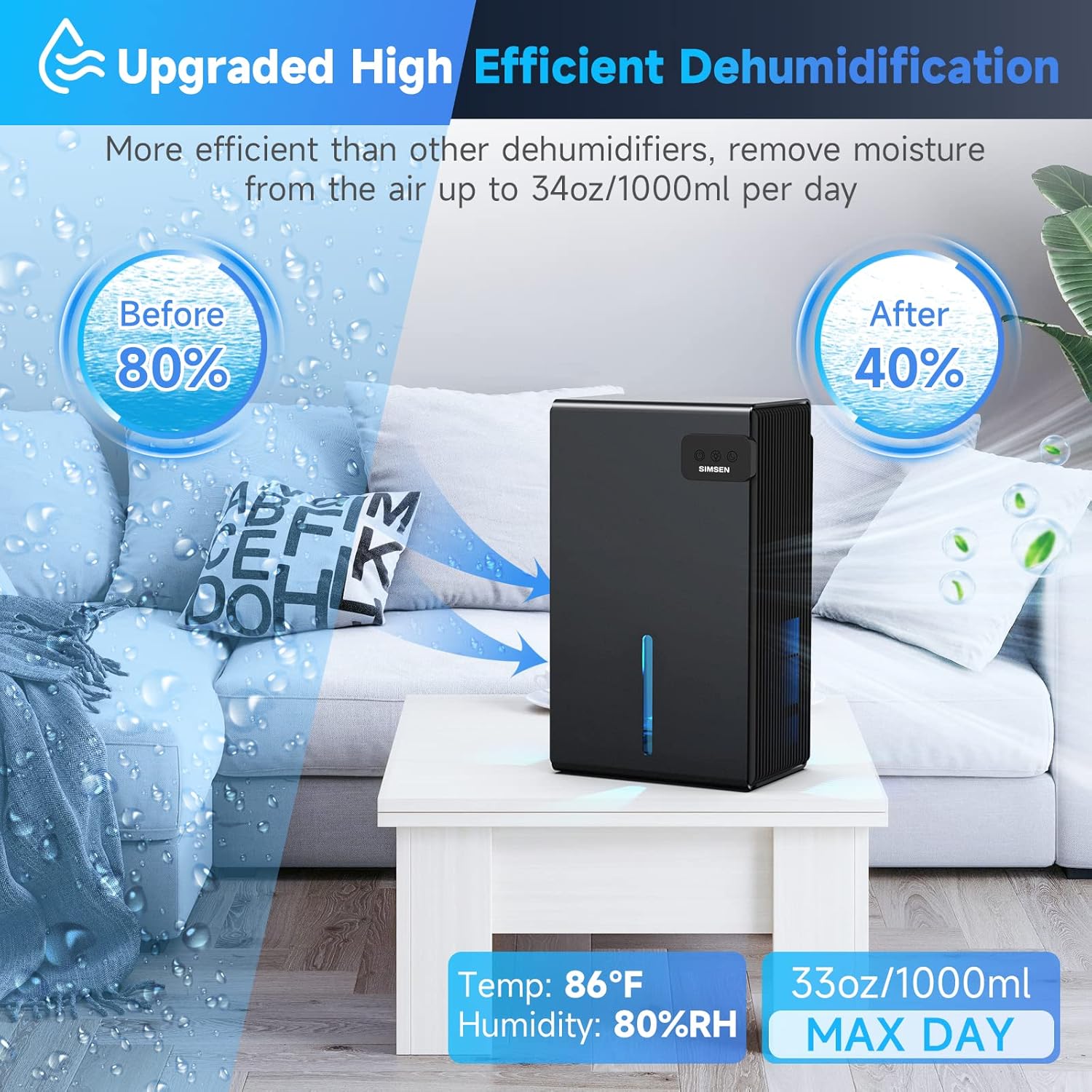 Portable and Quiet SIMSEN Dehumidifier for Home with Drain Hose, Ideal for Bedroom, Bathroom, Basements, Closet, and RV