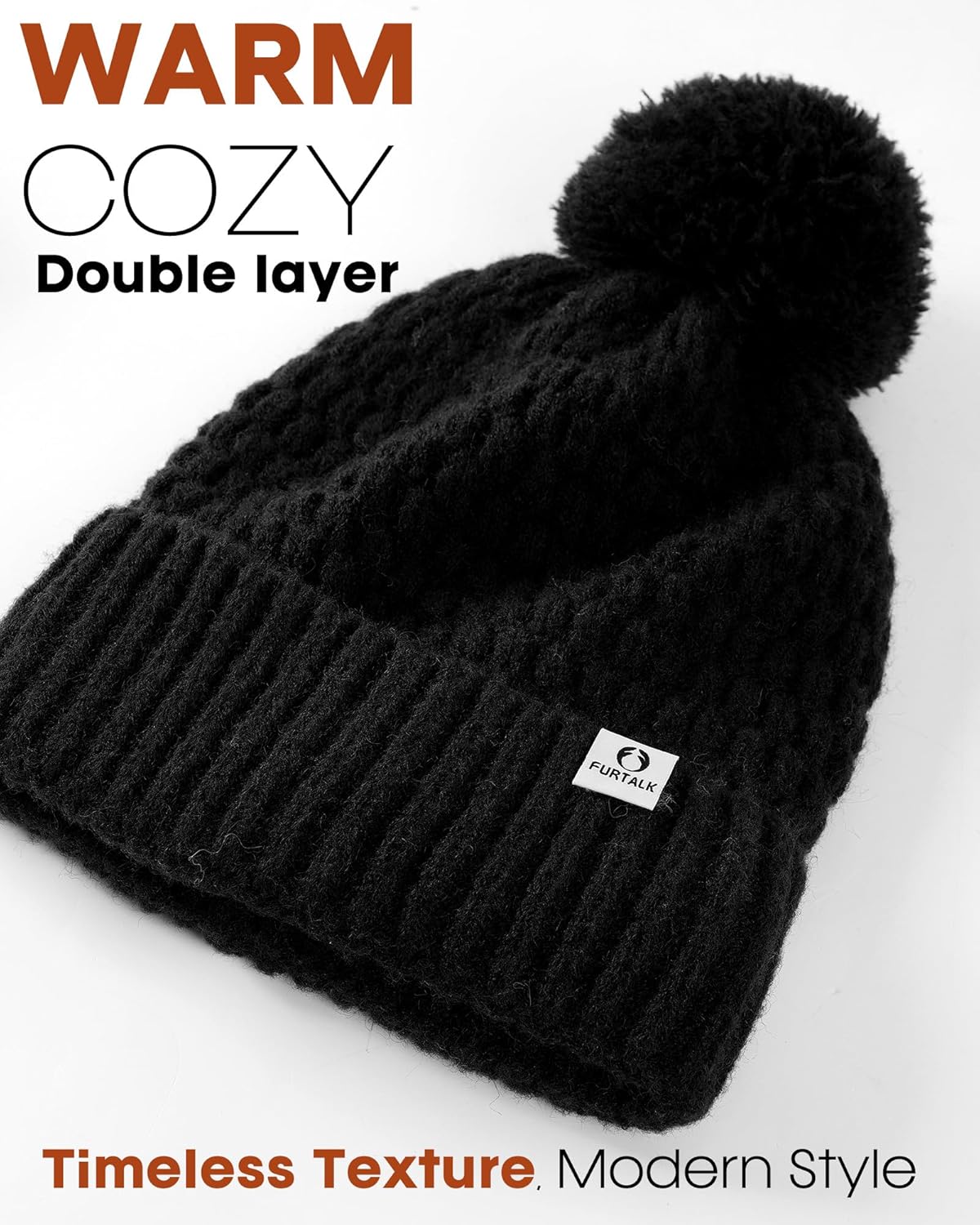 FURTALK Womens Winter Beanie Hat with Knitted Pom Pom Warm Fleece Lined Knit Soft Skull Cap for Women - Image 2