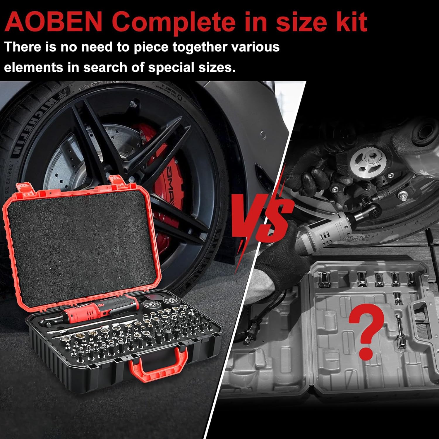 AOBEN Cordless Electric Ratchet Wrench with 83pc 1/4" to 3/8" impact sockets set,12V Electric Wrench with Variable Speed,3/8" to 1/4" Adapter, 3" Extension Bar