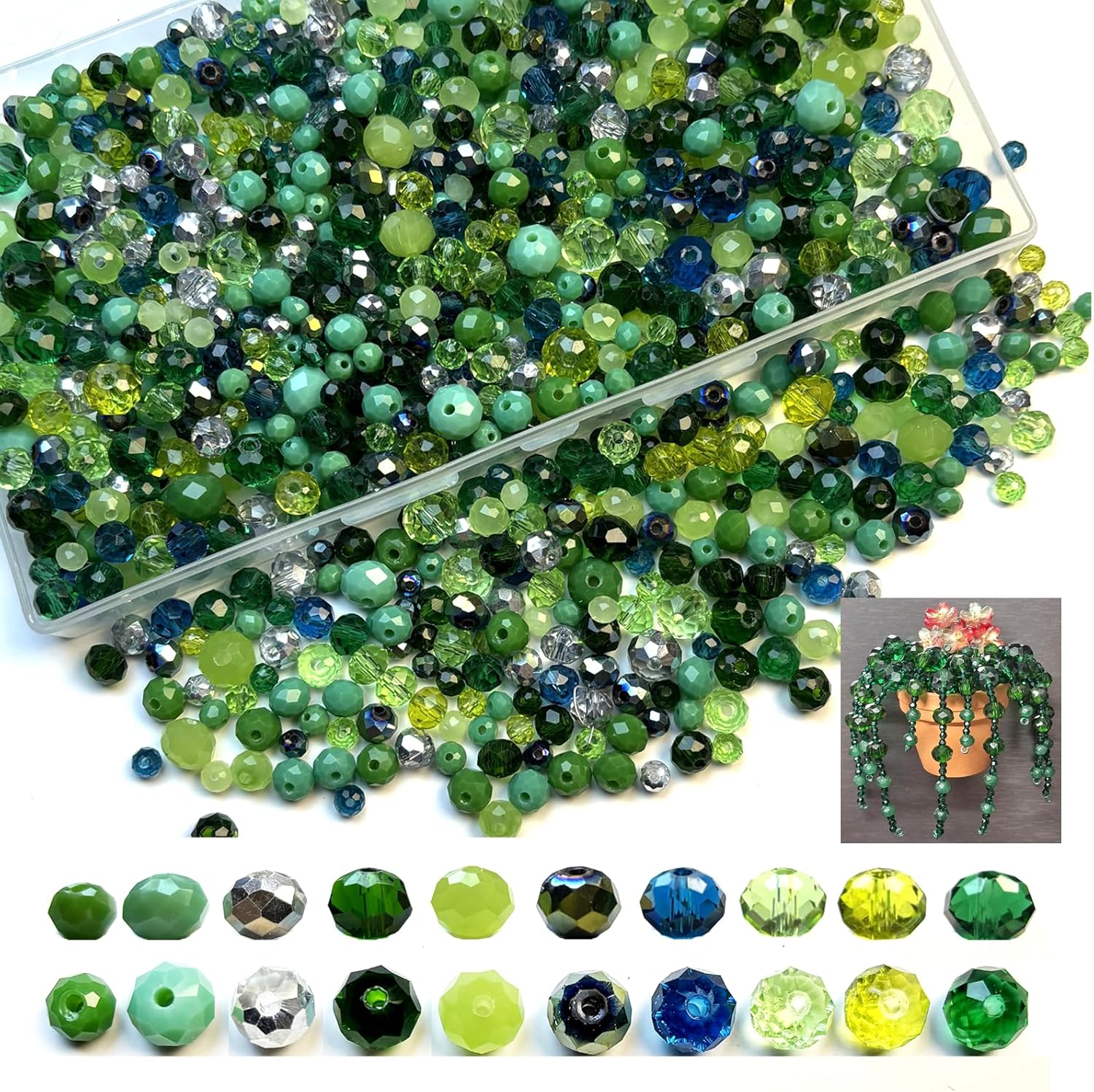 1000pcs Green Glass Beads for Jewelry Making, 4/6/8mm Assorted Size and Color Crsystal Beads for Plant DIY Bracelet Necklace Earring Craft Kit with Organizer Box, St. Patrick's Day