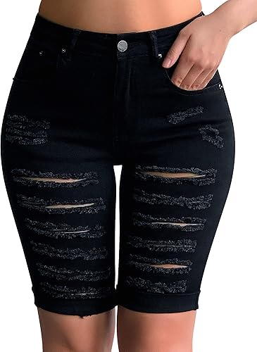 roswear Pantalones cortos de mezclilla elásticos rasgados hasta la rodilla para mujer