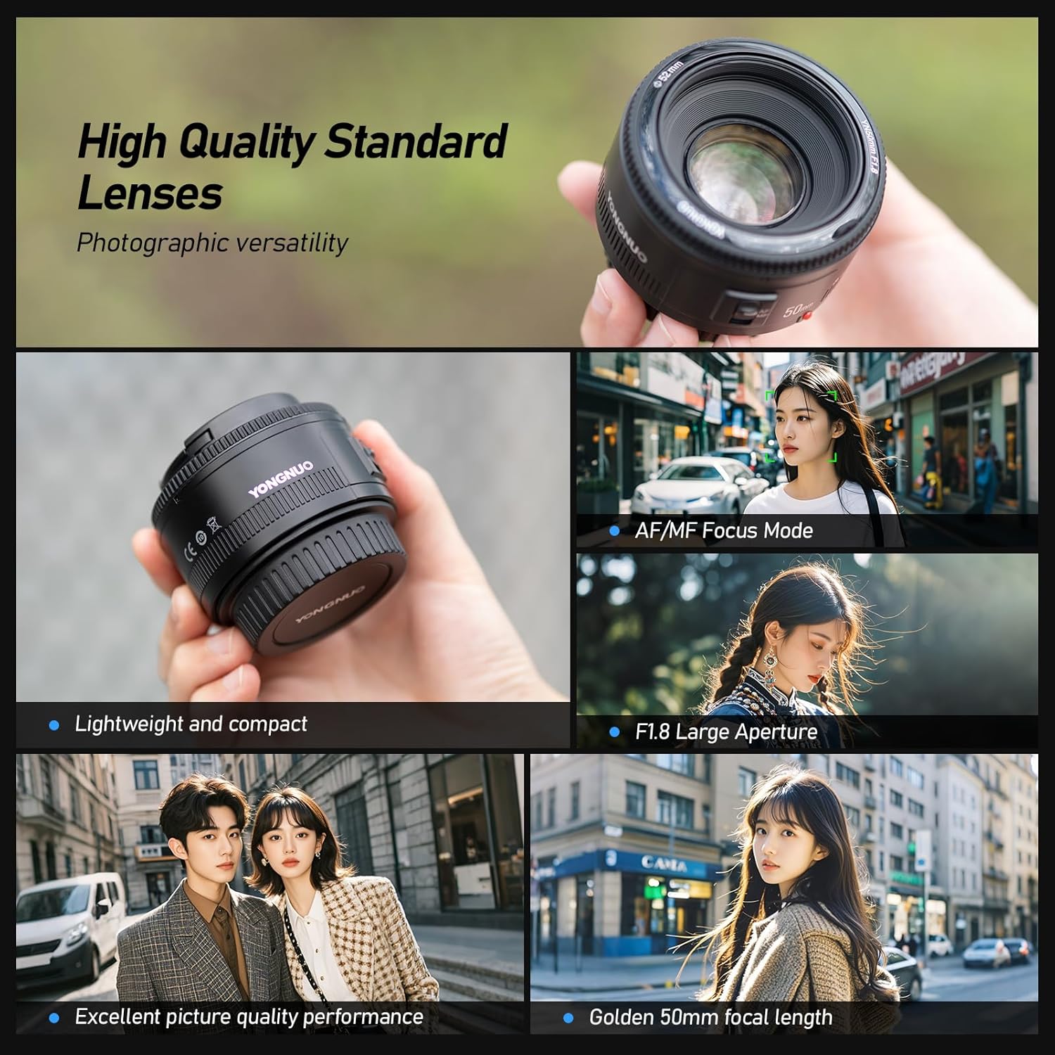 YONGNUO 50mm f1.8 Lens for Canon EF Mount, AF/MF 50 mm 1.8 for Canon Camera Lenses Large Aperture Standard Prime ef Lens for Canon 5D IV 1DX I 200D II 850D 7D 6DII (50mm Black)