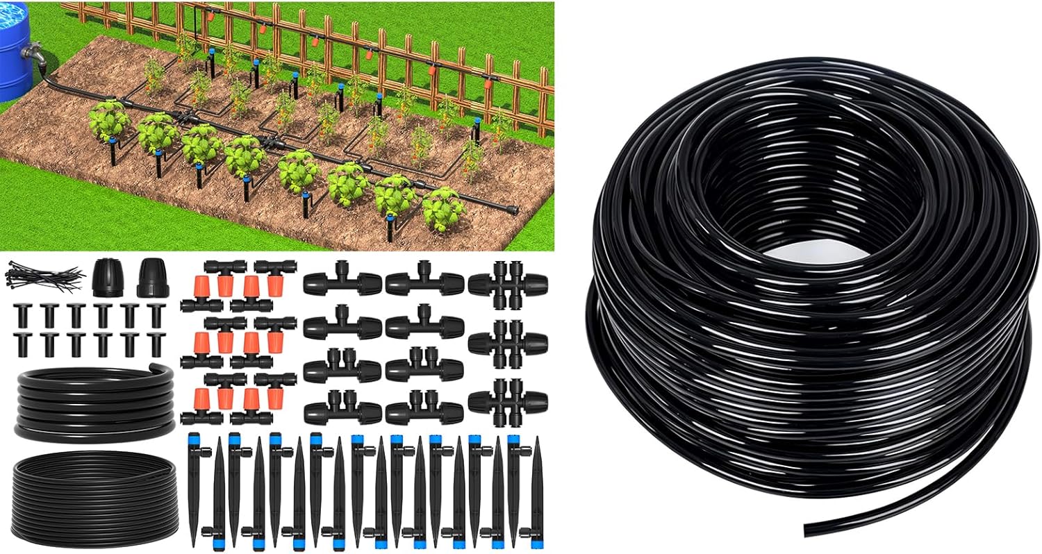 The Bundle of MIXC 101FT Micro Drip Irrigation Kit and MIXC 200FT 1/4 Inch Distribution Tubing Black