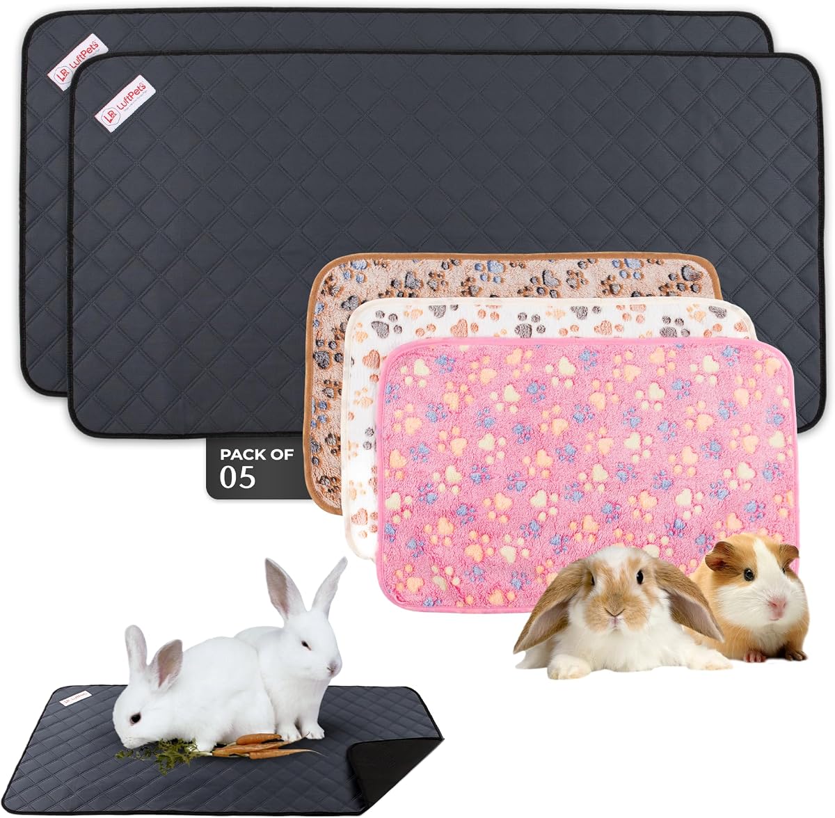Guinea Pig Cage Liners 5 Pcs, Washable Midwest Pads & Fleece Mats | 2 Absorbent Bunny Pee Pads 47x24, 3 Soft Blankets. Top Releases Hay. Waterproof Non-Slip Rabbit Bedding