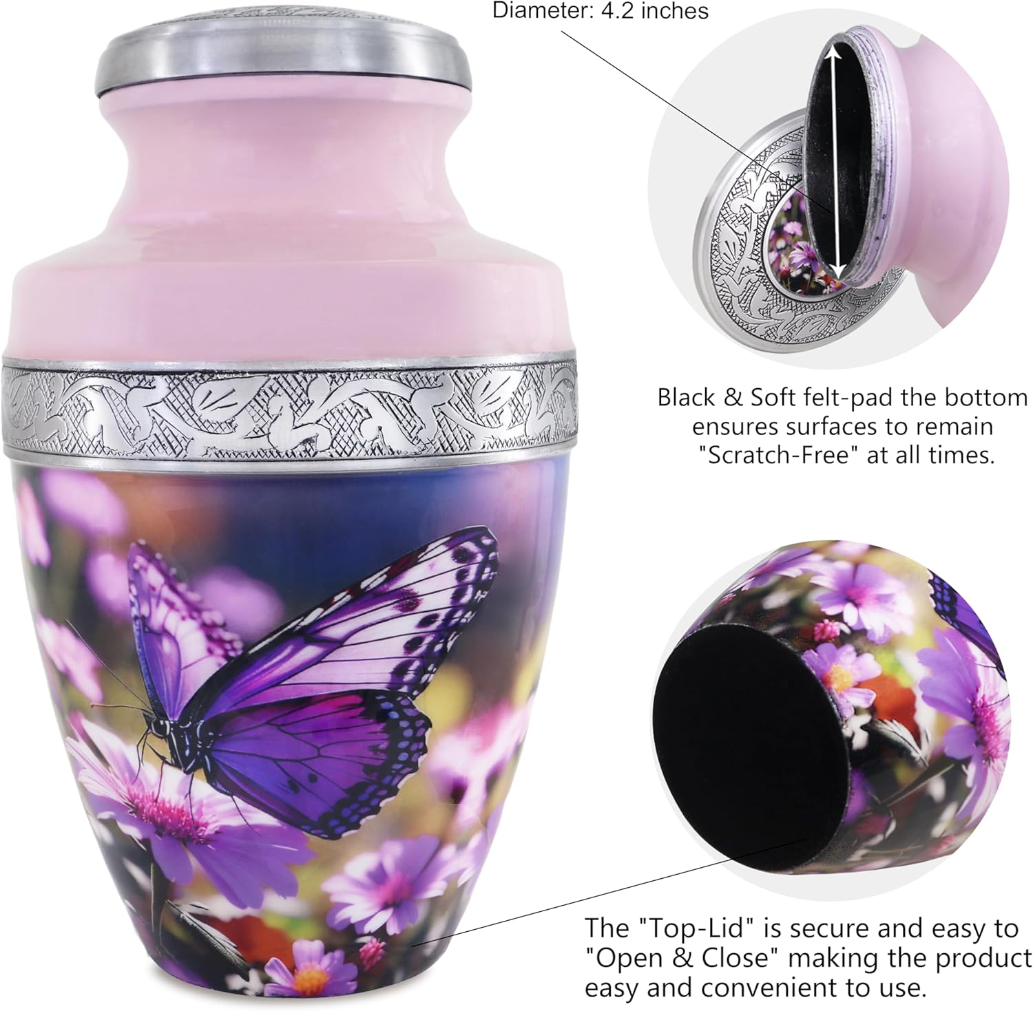 M MEILINXU Urn for Ashes for Woman & Male, Cremation Urns for Human Ashes Adult Female or Man, Burial Urns with Butterflies, Decorative Urn for Funeral, Purple Butterfly and Flowers - Large - Image 7