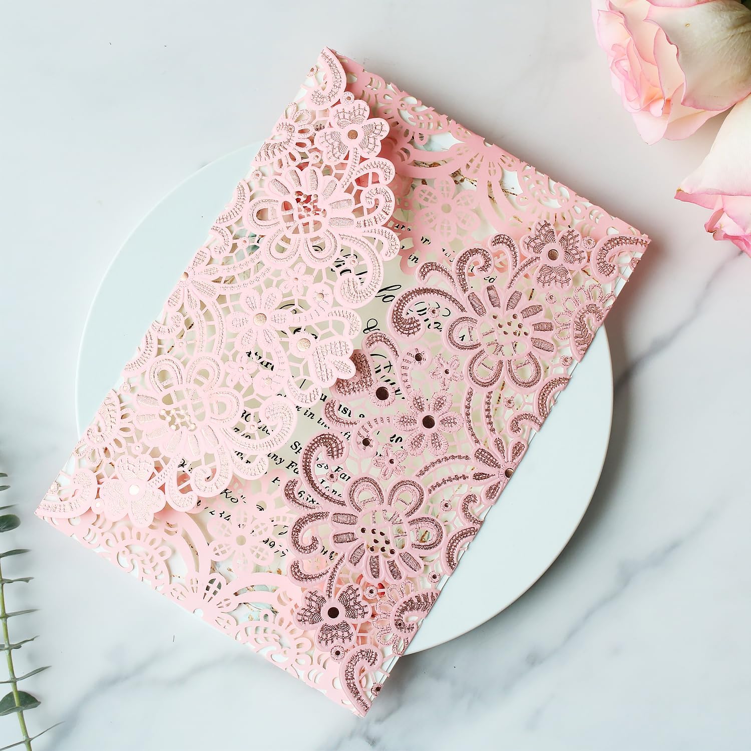 Pink Laser Cut Invitation Cards with Gold Foiling & Embossing – Set of 50 Cards & Envelopes for Wedding, Quinceañera, Birthday, Anniversarie