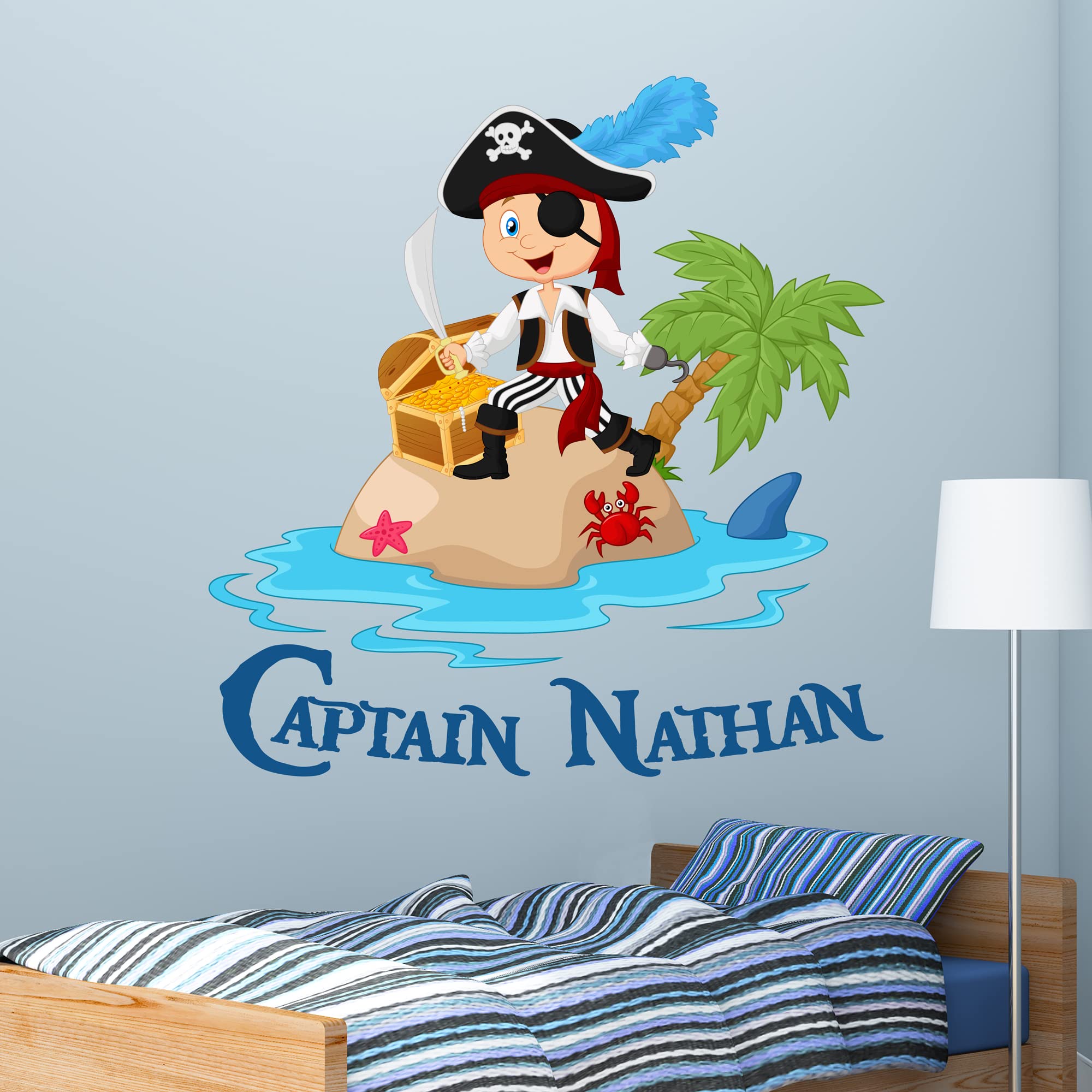 Beautiful Game Pirate Wall Decal Island Personalised Name Pirate Bedroom Sticker Art Mural Kids (40cm height x 40cm width)