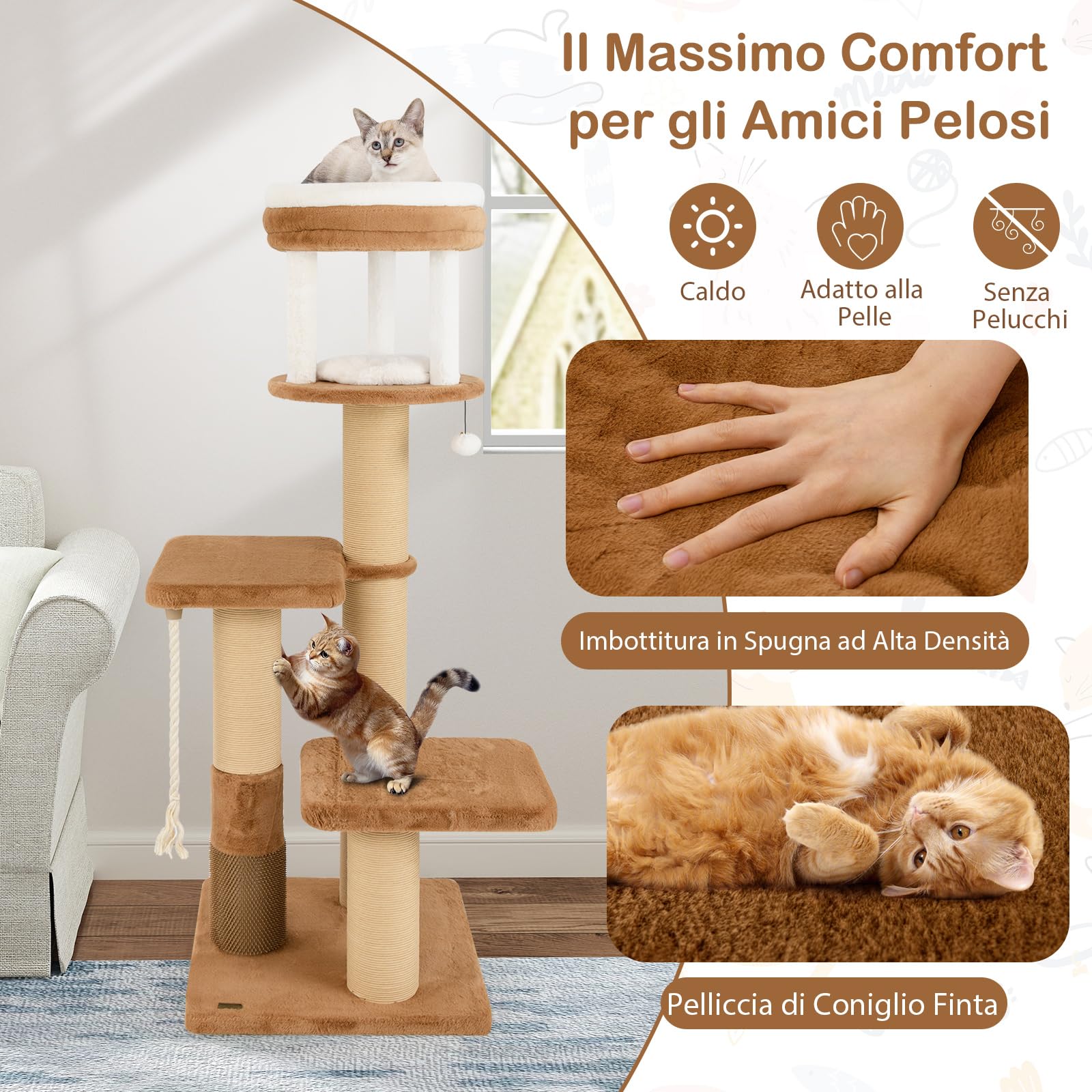 COSTWAY Tiragraffi per Gatto Alto 165 cm, Albero Tiragraffi Gatto con 4 Piattaforme, 4 Pali Sisal, Spazzola, Corda e Palla Pompon, Torre Tiragraffi per Gatti Imbottito Rimovibile, Caramello