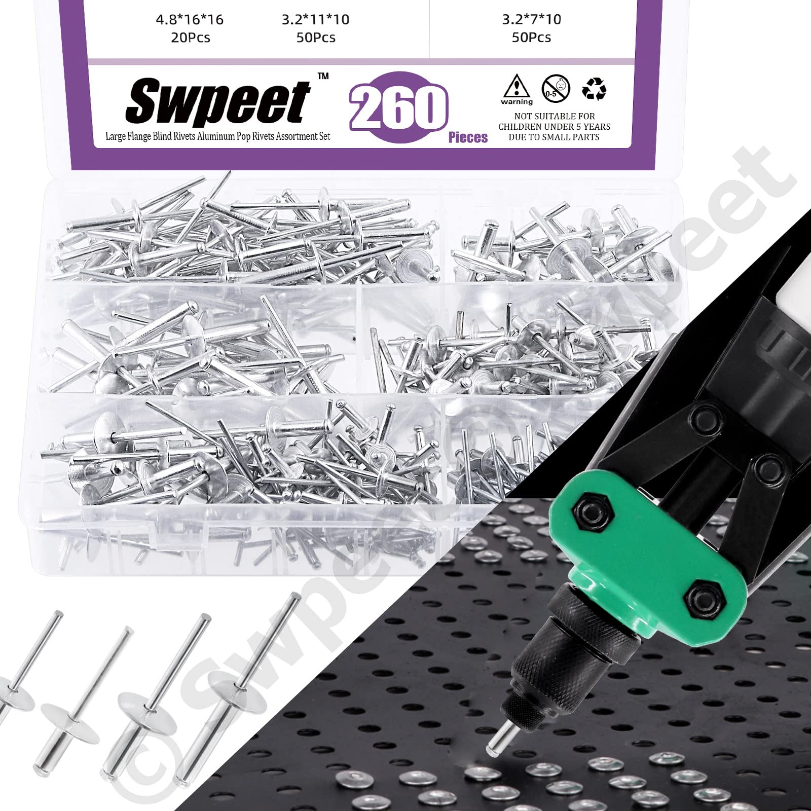 Swpeet 261 Pistolas de Remache Pop de 3/16 Pulgadas 1/8 Pulgadas 5/32 Pulgadas M3.2/4/4.8 de 13 Pulgadas y 3 Cabezales de Remache Intercambiables con Brida Grande de Aluminio, Kit Surtido de Ciegos