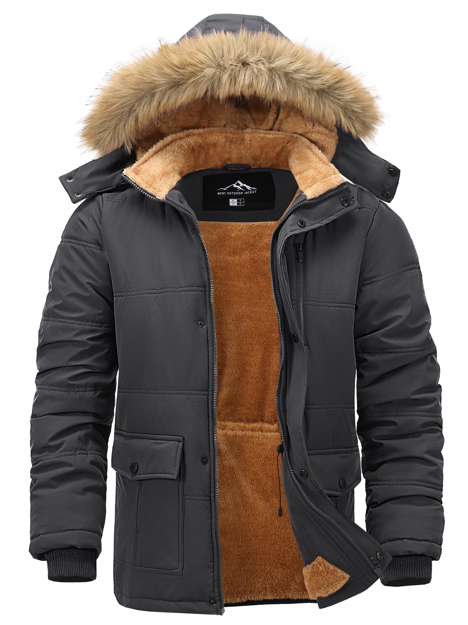 Peakwell Herren Gefütterte Winterjacke Winddichter Parka Übergangsjacke Warme Outdoor Arbeitsjacke mit Abnehmbarer Kapuze und Verstellbarem Taillenkordelzug