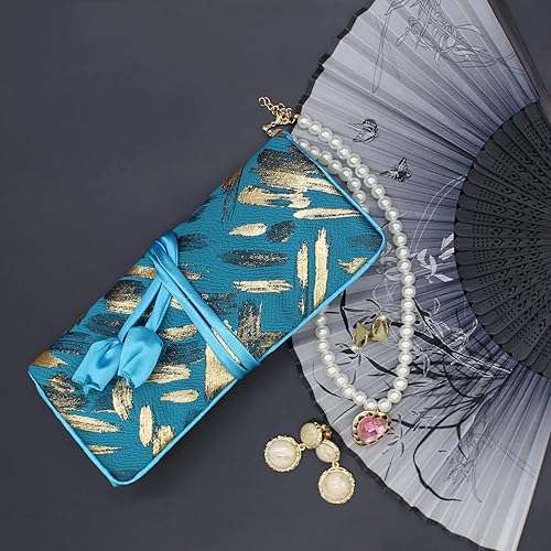 Miniatura 2 de Wei Long Rollo de joyería, bolsa de rollo de joyería de viaje, bolsa organizadora de joyas de brocado bordado de seda con cierre de corbata, (rayas,