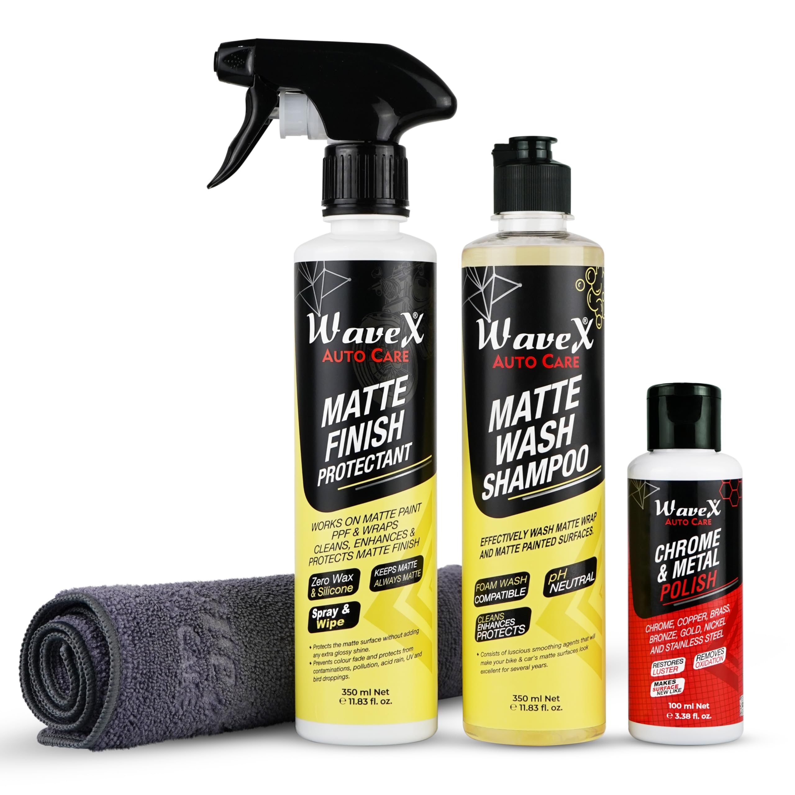 Wavex Matte Finish Maintainer 300ml Combo | Wash Clean, Protect and Maintain Matte Bikes & Cars | Consists of Matte Wash Shampoo, Maintainer, Microfiber, Chrome & Metal Polish