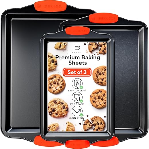 Premium Non-Stick Baking Sheets Set of 3 - Deluxe PBA Free, Easy to Clean Racks w/ Silicone Handles - Bakeware Pans for Cooking Baking Roasting - Lets You Bake The Perfect Cookie or Pastry Every Time