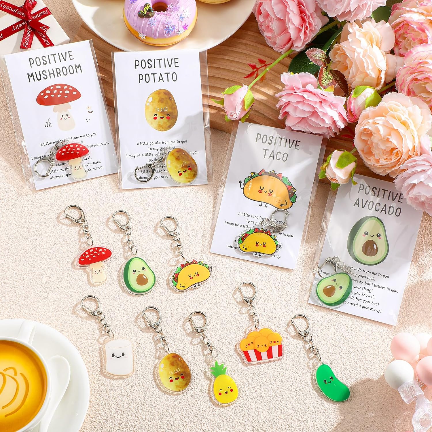 Landical Positive Keychain Bulk Back to School Gifts from Teacher Emotional Food Acrylic Keychain with Inspirational Cards