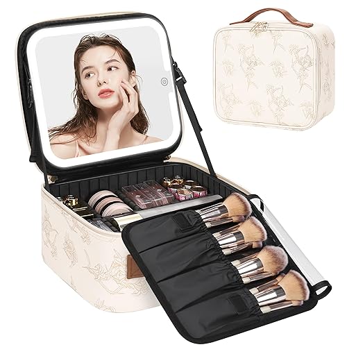 Miniatura 11 de Relavel Estuche de Maquillaje Train Case con Espejo LED, Bolsa de Cosméticos de Viaje Profesional con Particiones Removibles, Organizador de