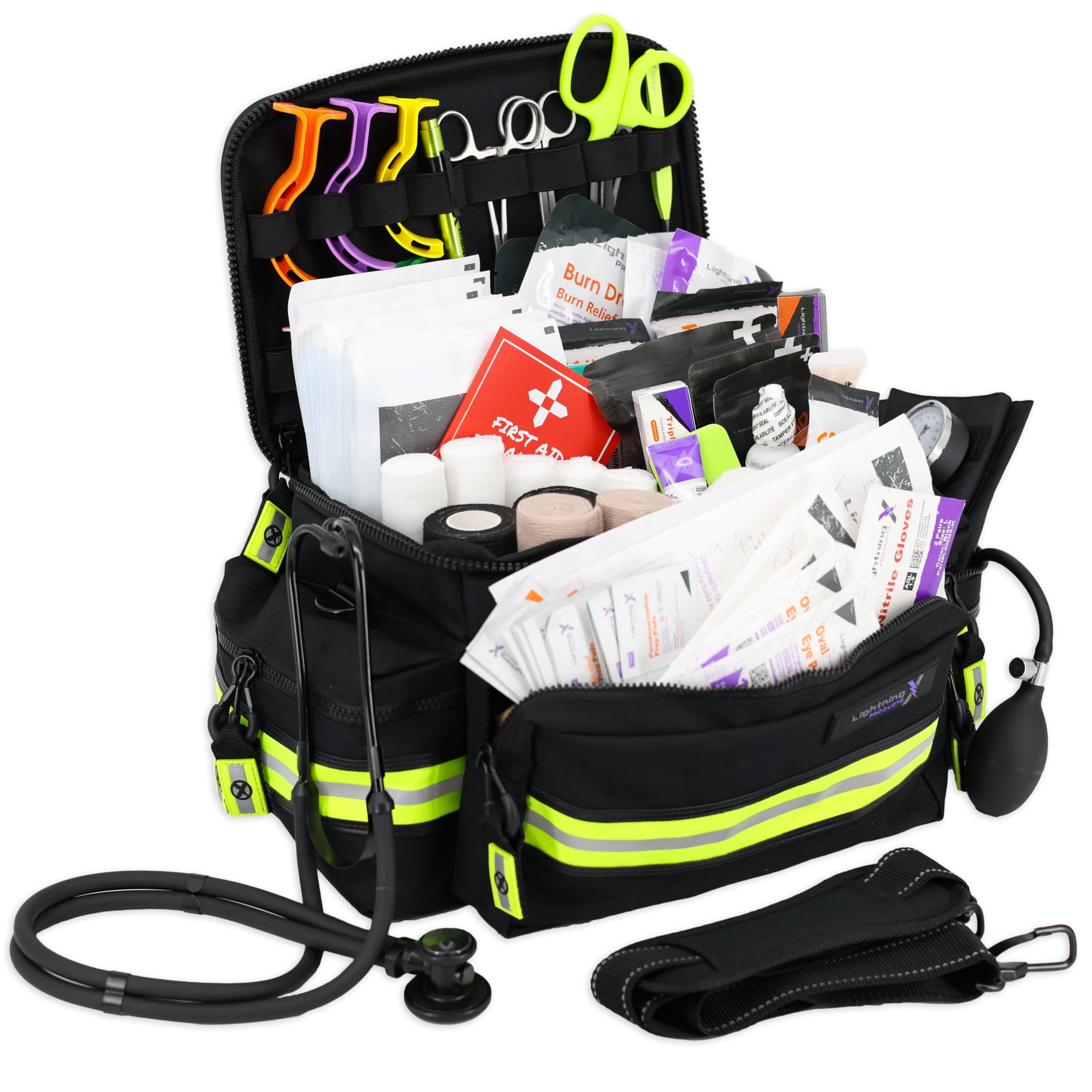 Lightning X Products Lightning X Mid-Sized First Responder EMT Bag | LXMB25 Fully Stocked w/ 240+ Aid, EMS & Trauma Supplies - Black