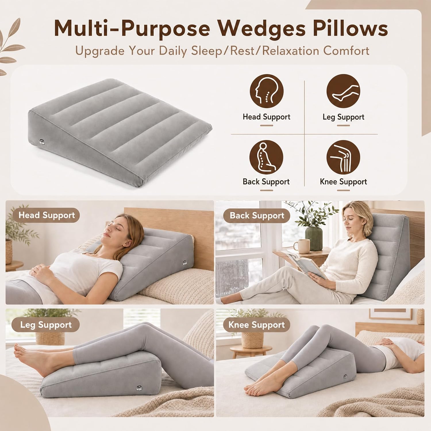 Inflatable Wedge Pillow for Legs, 22.8" x 22.4" x 7.5", Gray