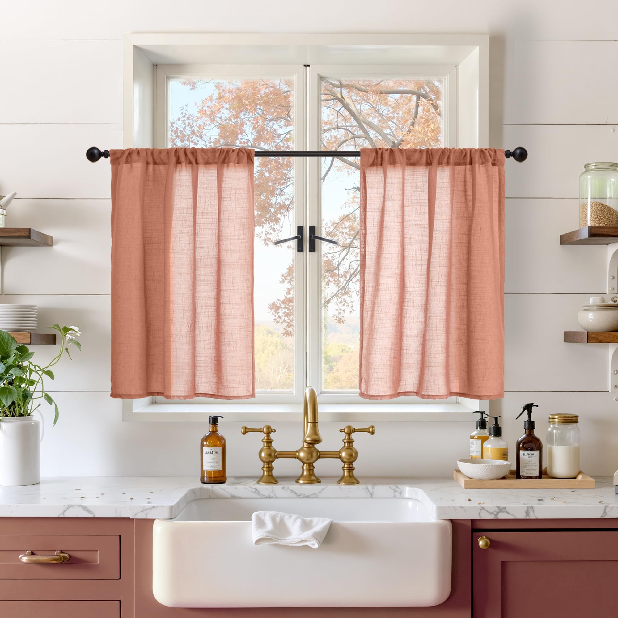 BGment Terracotta Linen Curtains 30 Inch Length for Kitchen Window, Cafe Drapes Semi Sheer Rustic Textured Rod Pocket Lightweight, 2 Panels, Each 30 Inch Wide