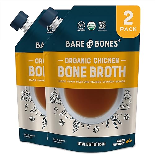 Bare Bones Caldo de hueso de pollo para cocinar y beber, 16 onzas, paquete de 2, criado en pastos, orgánico, rico en proteínas y colágeno, apto para