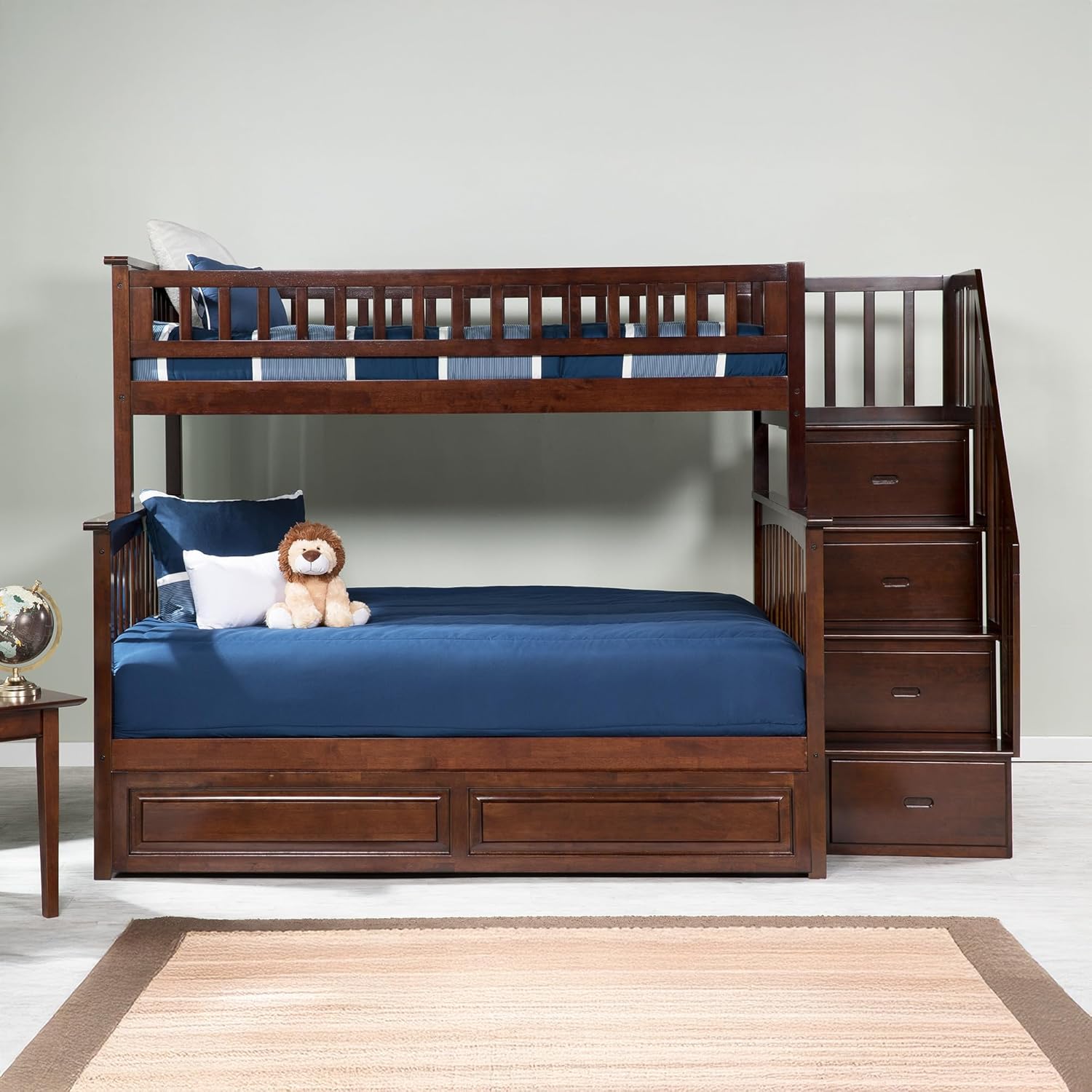 AFI, Columbia Staircase Bunk Bed Twin Over Full with Twin Raised Panel Trundle, Walnut