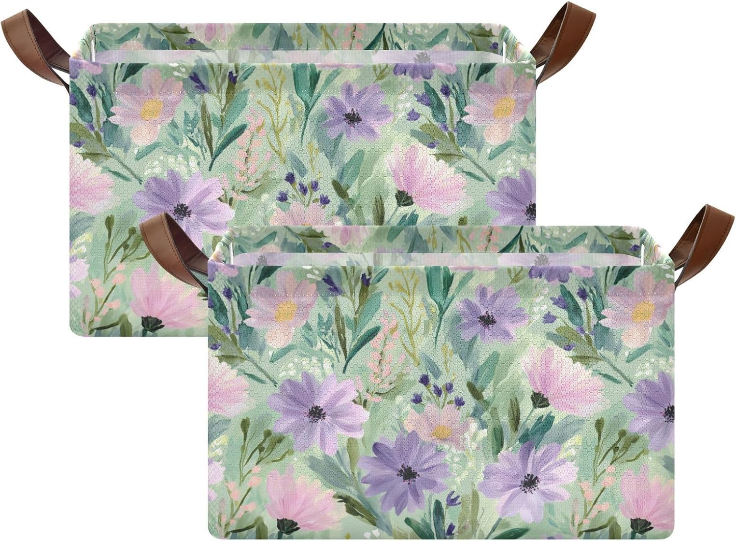 Green and Purple Wildflower Storage Basket Foldable Cube Storage Bins with Handles&Labels Waterproof Collapsible Organizer Box Bin Large Rectangle Baskets for Shelves Home Living Room Closet, 2 Pack