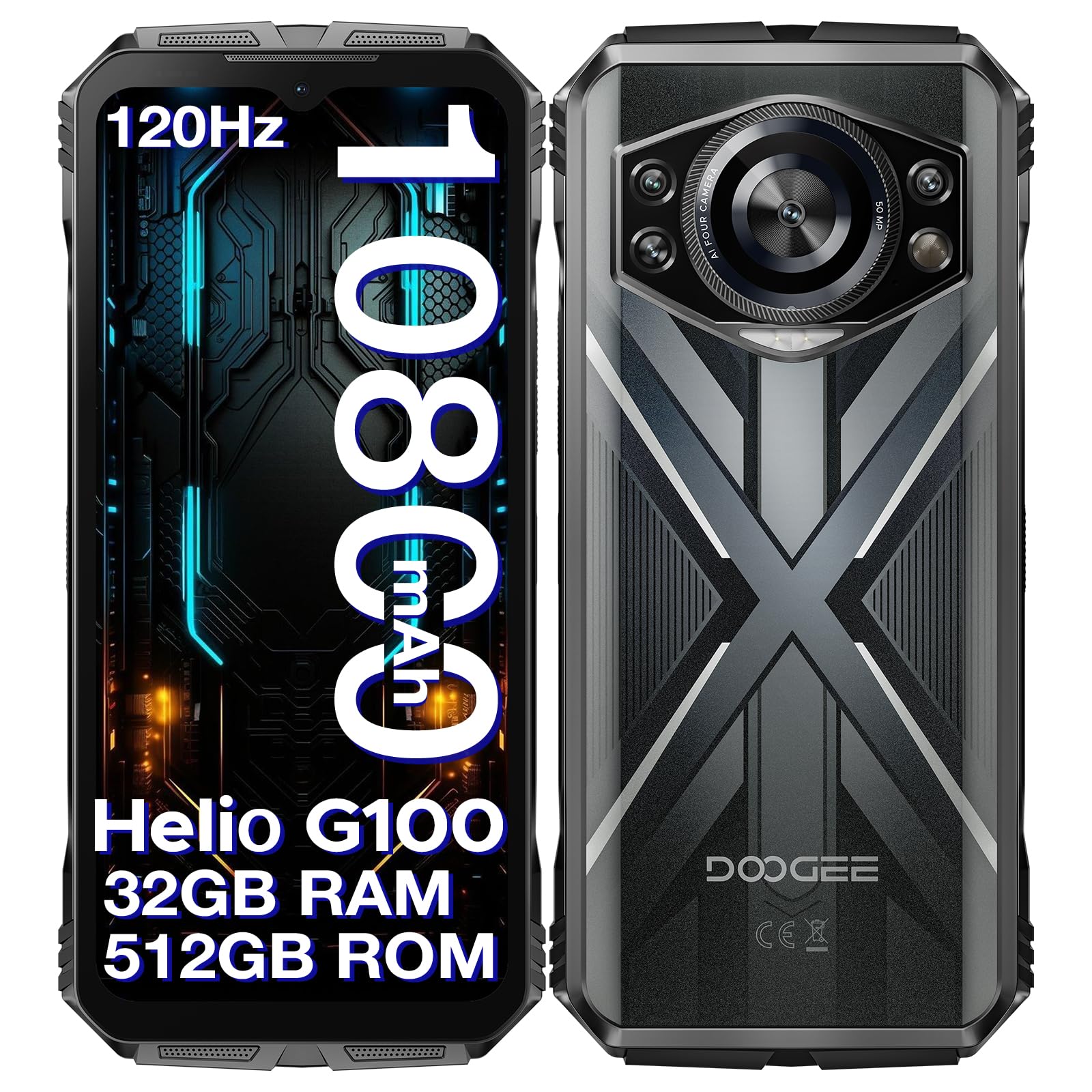 DOOGEE S Cyber Pro Outdoor Handy 32GB+512GB(2TB), 50MP+32MP+Nachtsehen 20MP Outdoor Smartphone Ohne Vertrag Android 14, 6.6" FHD+ 120Hz, 10800mAh/33W Baustellenhandy, IP68/ NFC/ 4G Dual SIM/OTG/GPS