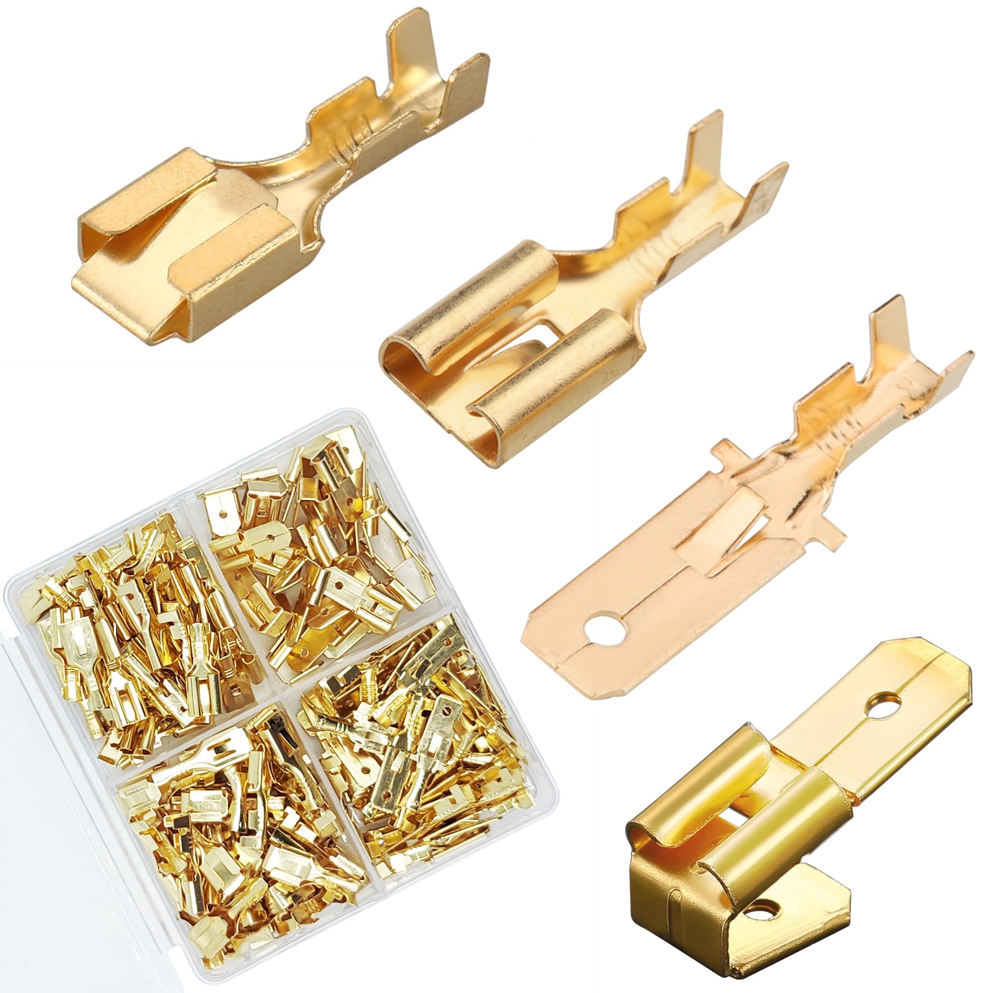 135PCS 6.3mm Brass Male Female Wire Spade Connector Quick Splice Crimp Terminals, 25PCS 3 Way Adapter Piggyback, Non Insulated Connectors for Car