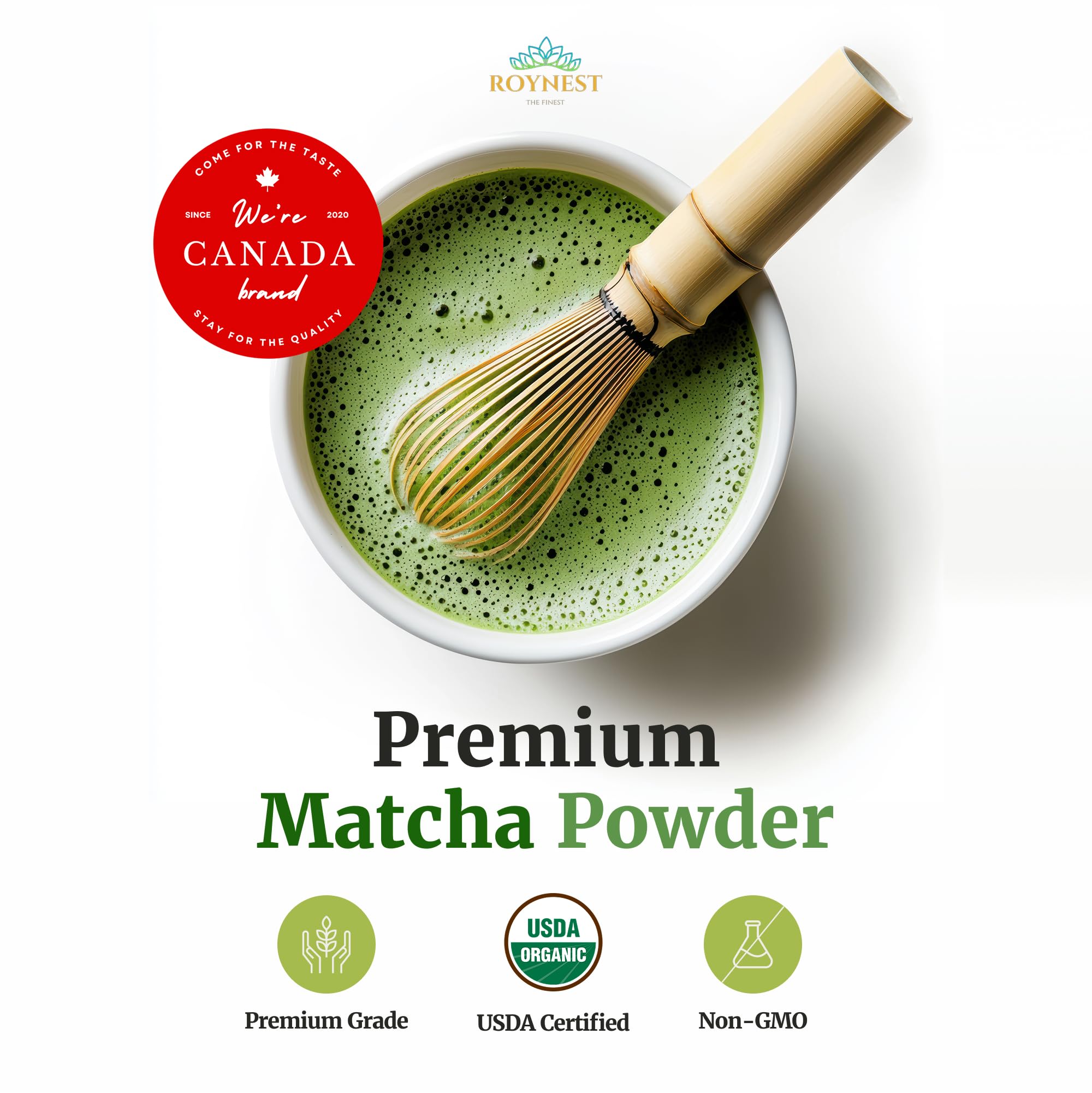 Roynest Premium Certified Organic Matcha Powder 100 Pure Matcha for Iced Lattes Smoothies Cold Drinks Baking - Clean — view 3