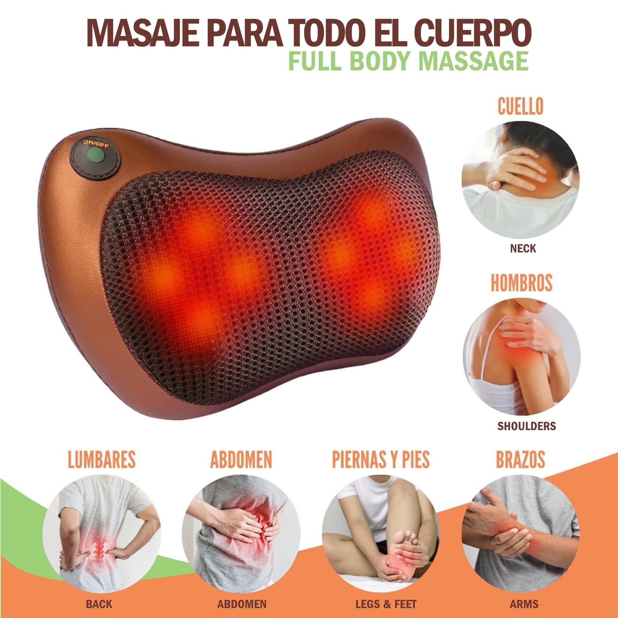 Masajeador Cervical y Espalda. Cojín Eléctrico con Calor y una Funda Extra (Marrón) - Almohada Cervicales y Cuello, Masaje Shiatsu Bidireccional con 8 Rodillos, Ideal para Casa, Oficina, Coche o Viaje