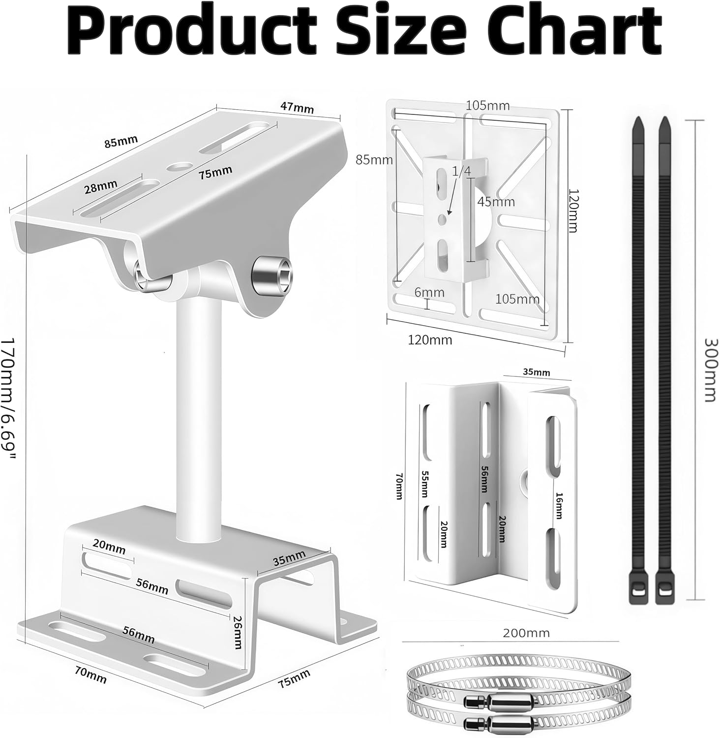 Long Wall Pole Camera Mount & Adapter Plate Combo Kit – 6.7" Long Bracket + 4.72" Universal Adapter Plate with Stainless Steel Hoops, Compatible with CCTV/IP Cameras, Eufy, Ring & More