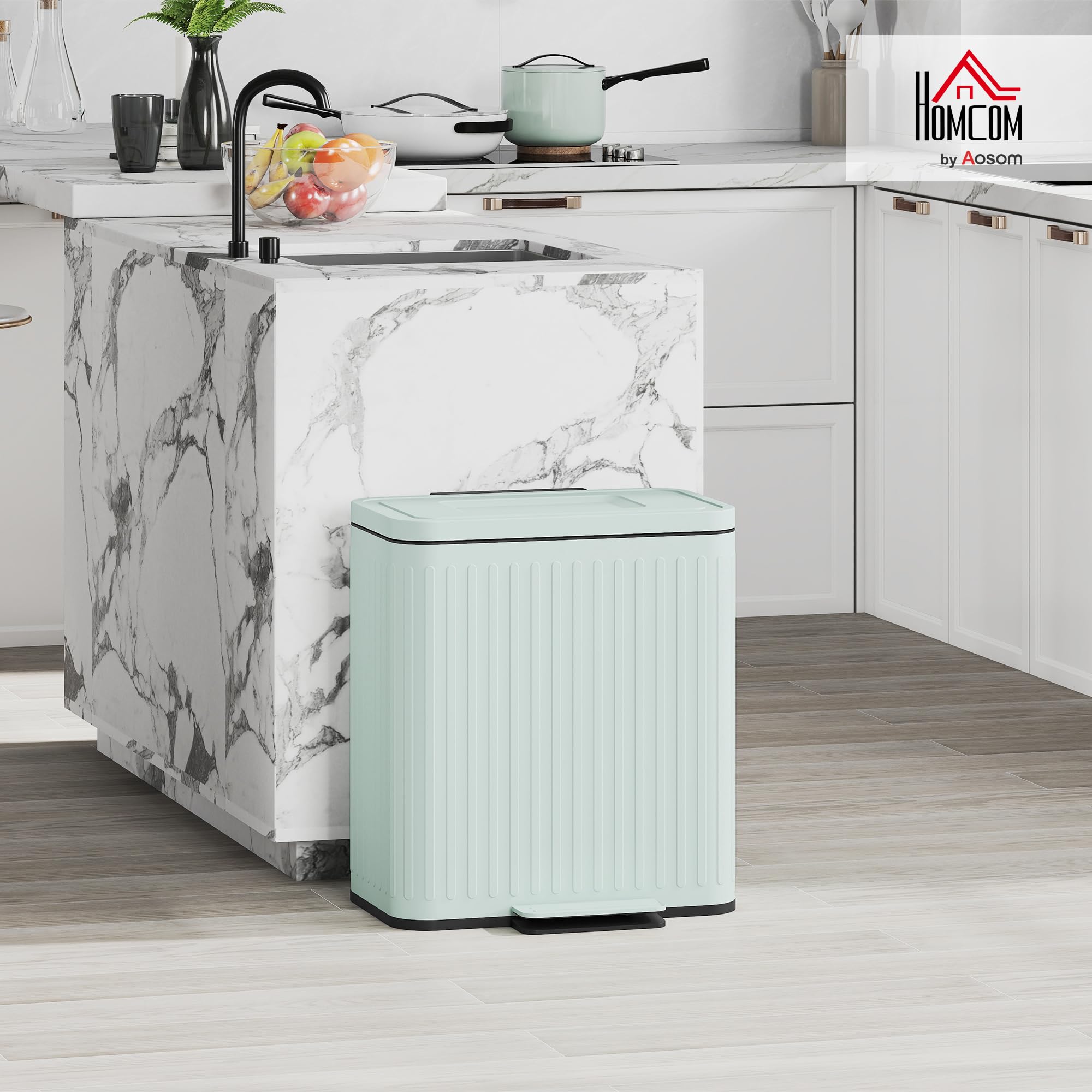 HOMCOM Cubo cocina doble 2x20L, antihuellas, tapa cierre suave, verde | Cubo doble para reciclaje y residuos, cubos interiores extraíbles, bolsas de basura