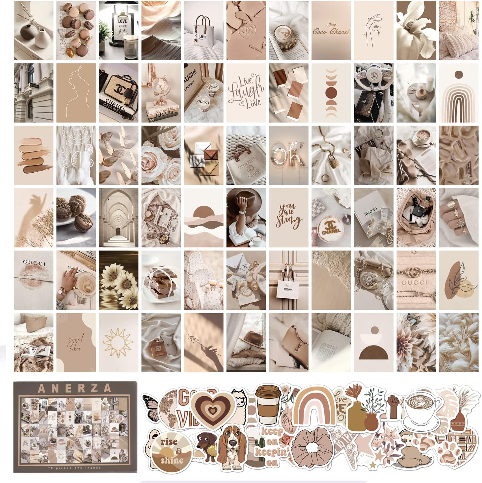 Beige Boho Wall Collage Kit with 70 Aesthetic Pictures and Stickers for Teen Girl's Bedroom